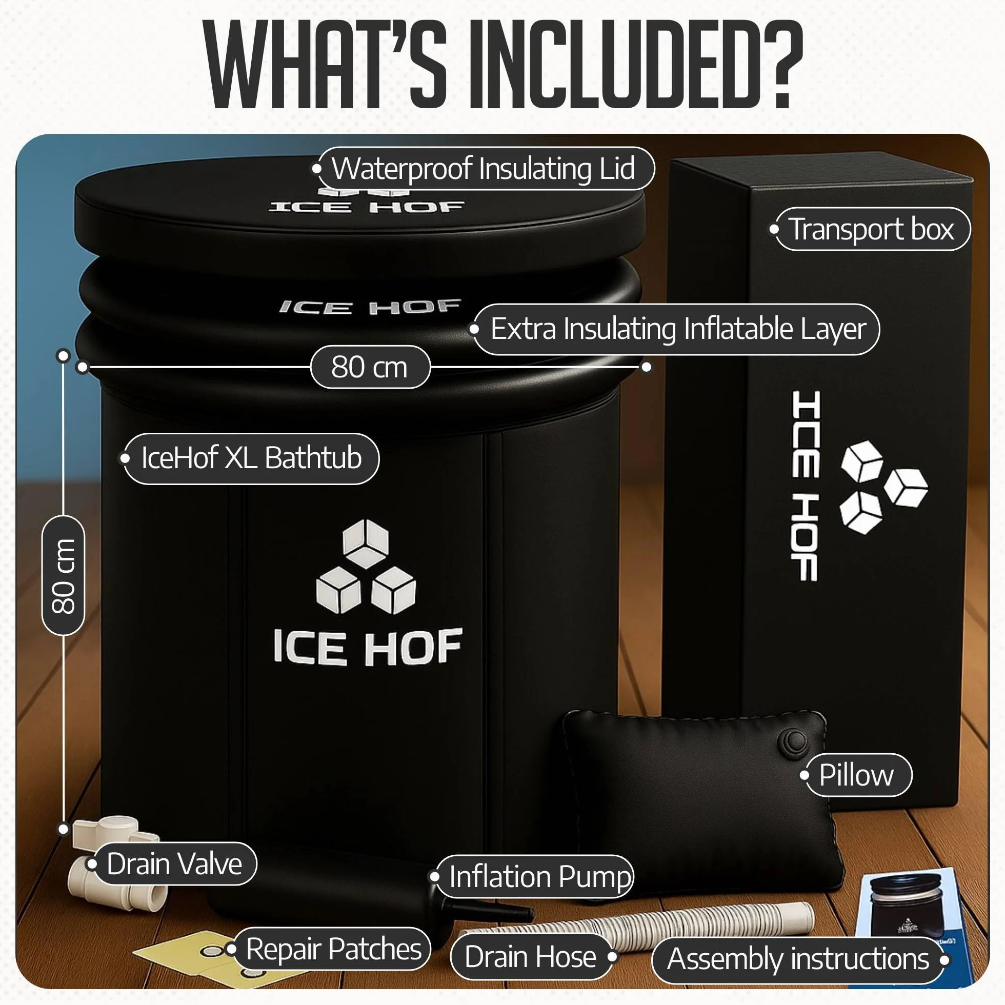 Ice Hof Ice Bath Tub Ø80x80 cm Portable Cold Plunge Barrel for Recovery Wellness Cryotherapy