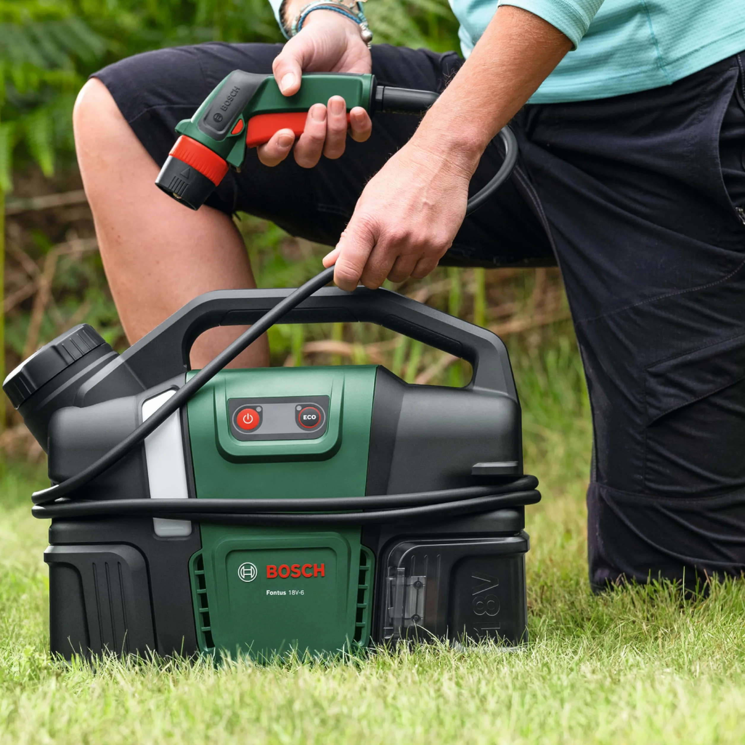 Bosch Fontus 18 V-6 myjka ciśnieniowa do rowerów (mobilna, mini, 6-litrowy zbiornik na wodę, 8 poziomów ciśnienia, przechowywanie węża i pistoletu, akumulator onhe)