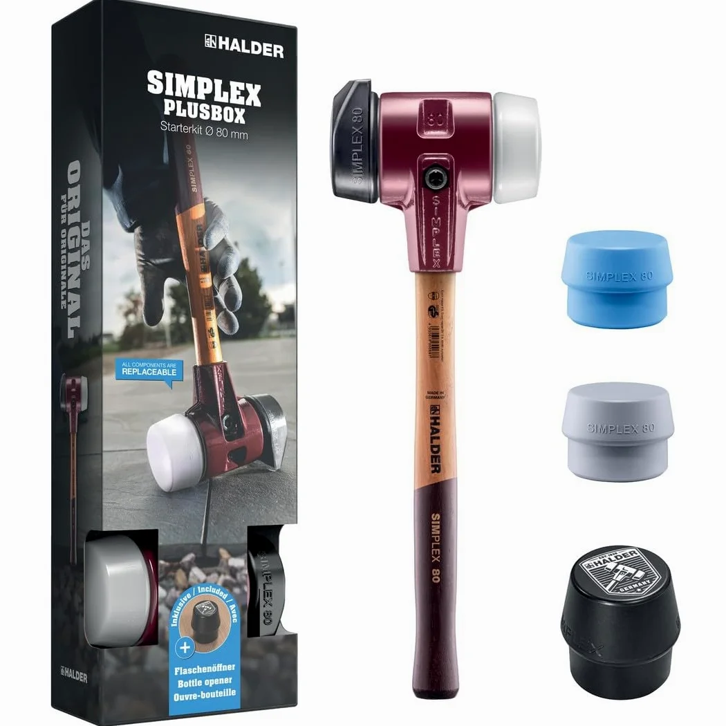 SIMPLEX-Plusbox zestaw startowy, młotek SIMPLEX D80, kompozycja gumowa z podstawką/super plastikiem oraz wkładką udarową TPE-soft i TPE-mid plus otwieracz do butelek | 3027s025