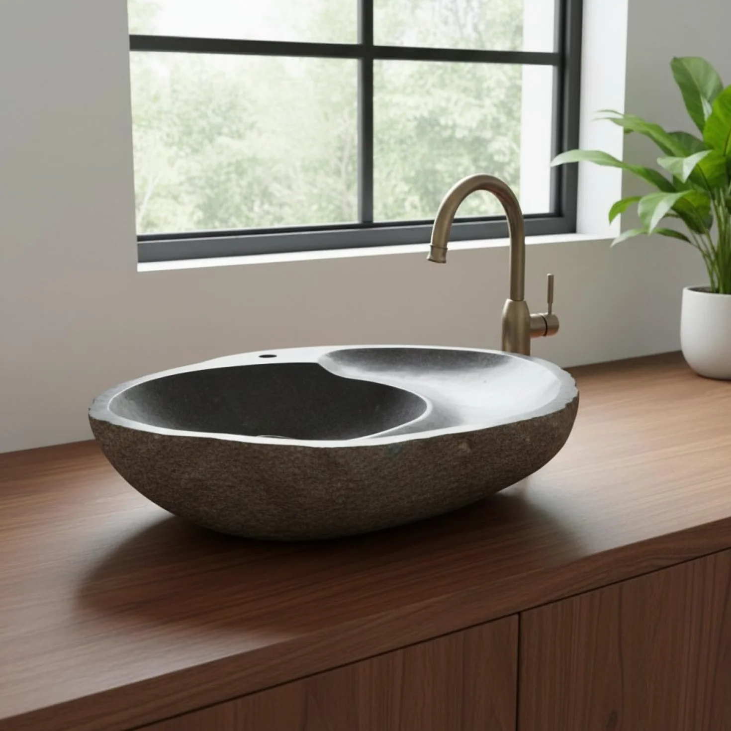 GURU SHOP Masywna umywalka nasadowa z kamienia rzecznego, misa umywalkowa, kamień naturalny umywalka z odpływem spiralnym ok. 50 cm – model 6, szary, umywalka i wanna