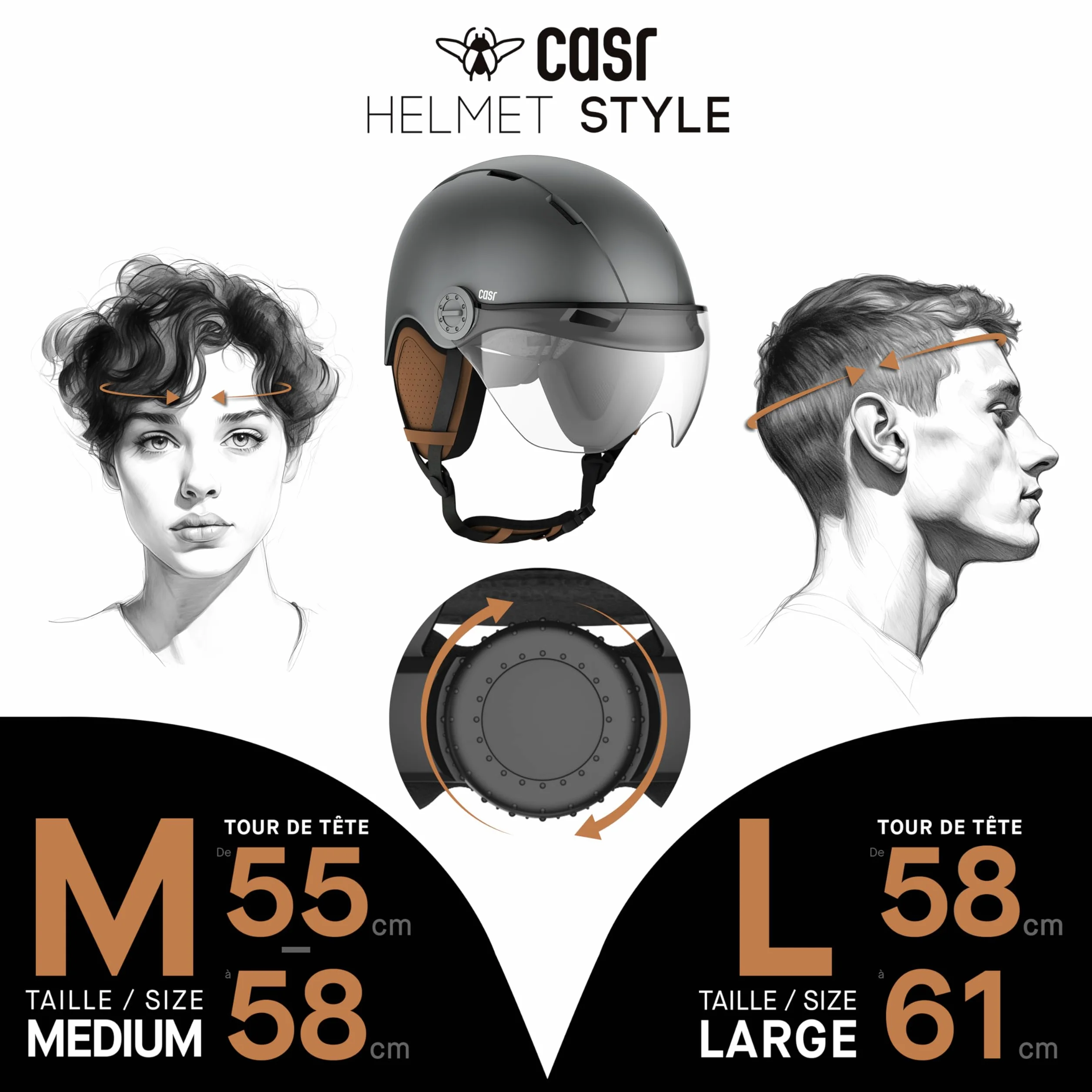 CASR Styl - Kask miejski Lifestyle na rower i hulajnogę elektryczną, przezroczysty daszek i zdejmowane nauszniki - optymalny komfort dla mężczyzn i kobiet - szary, rozmiar L