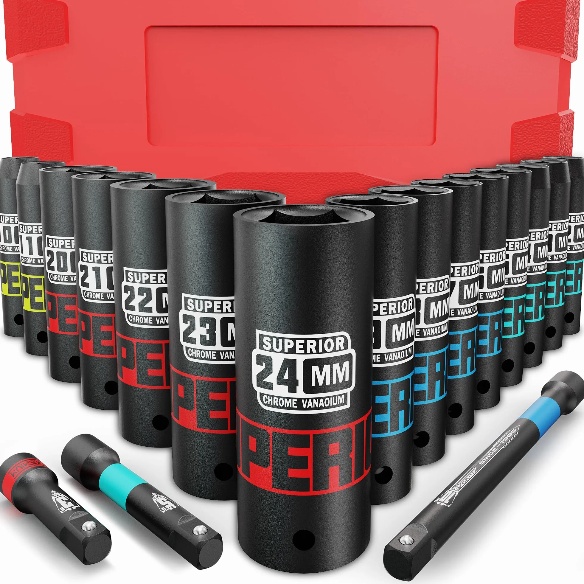 Nasadek Udarowych 1/2, 10-24 mm Metryczny Napęd, Głębokie Nasadki z Plastikowym Pudełkiem do Przechowywania, w Zestawie 3 Sztuki Przedłużek do Napraw Samochodowych