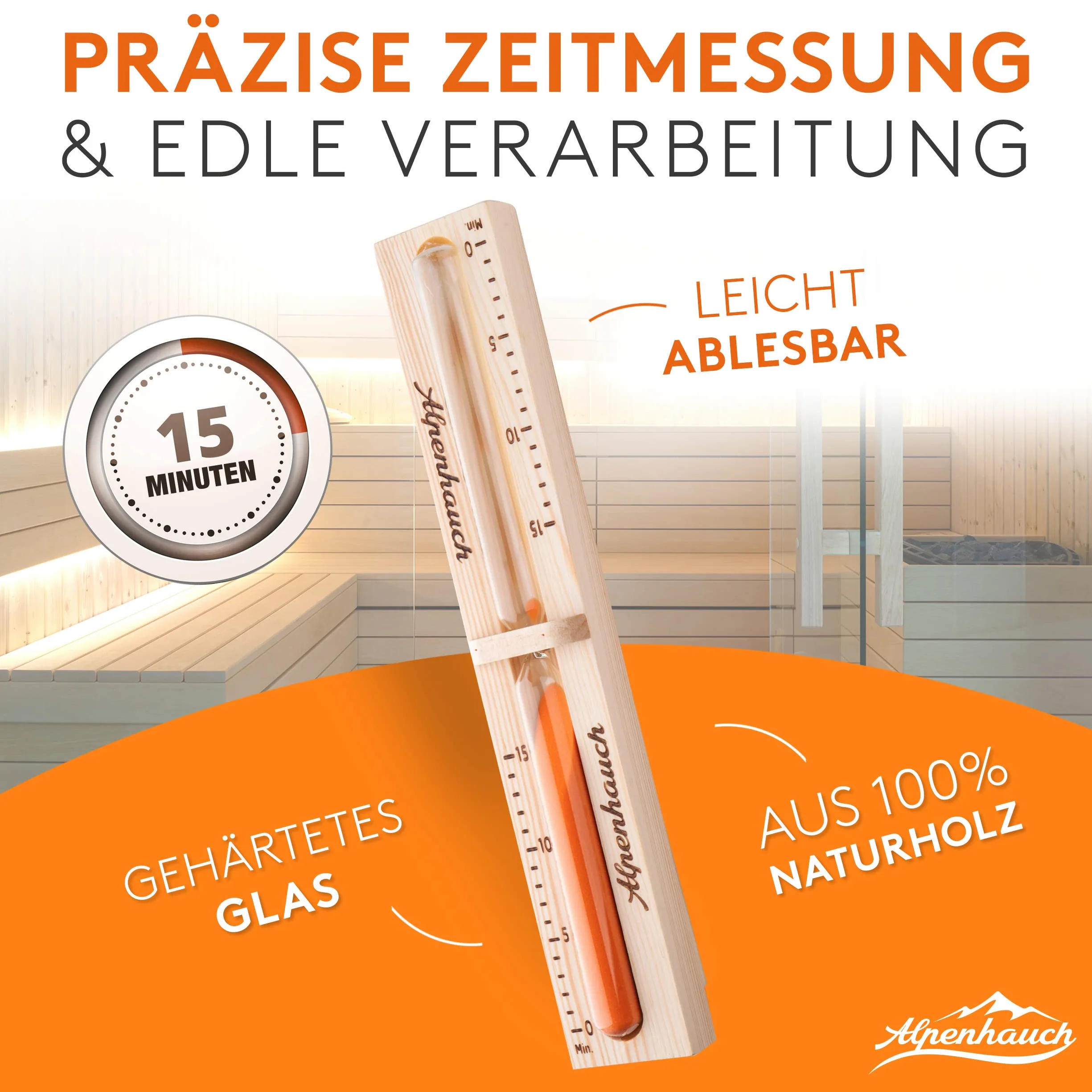 ALPENHAUCH Klepsydra do sauny 15 minut naturalne drewno szkło bezpieczne obracany 360°