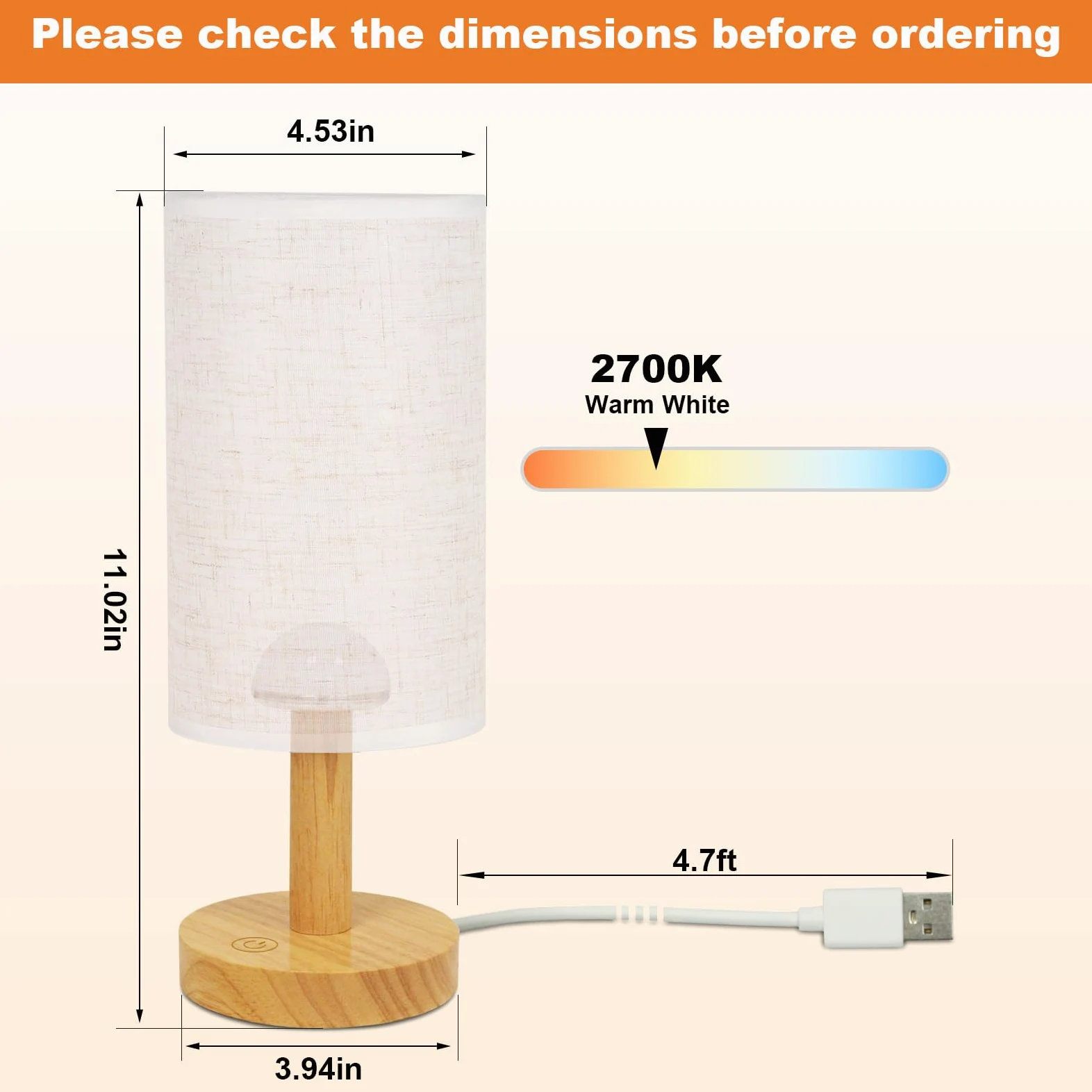 Dotykowa lampa na stolik nocny z zasilaniem USB, bezstopniowe ściemnianie, 2700 K, ciepła lampka nocna, minimalistyczna drewniana podstawa, lniany klosz, boho lampka nocna do sypialni, przedszkola