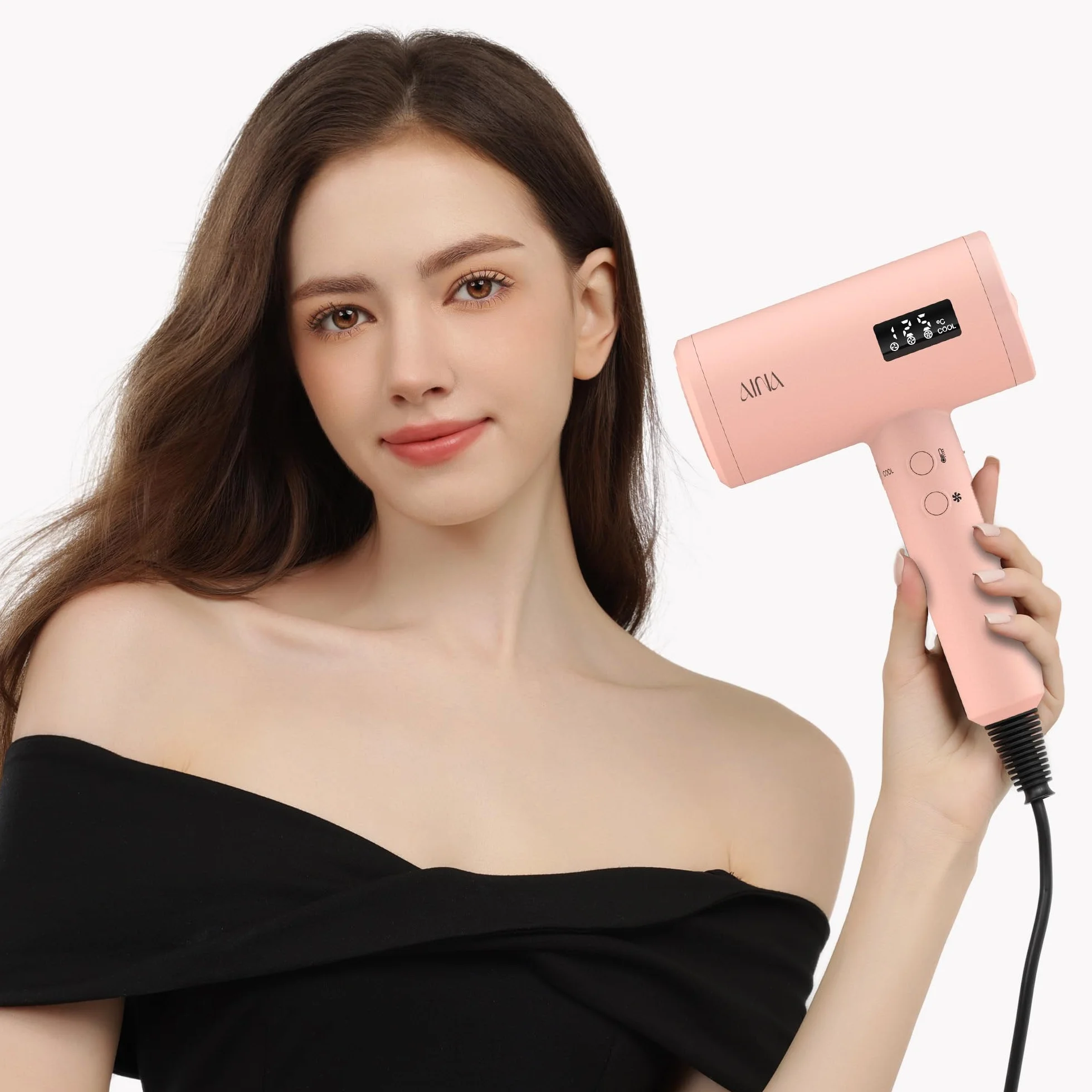 AINA Pro Salon Hair Dryer (New tech), 2200 W Blow Dryer z grzebieniem dyfuzora dla kobiet | BLDC Hair Dryer | bezszczotkowy silnik 150 000 obr./min | jonowa | wyświetlacz LED | 4 magnetyczne akcesoria