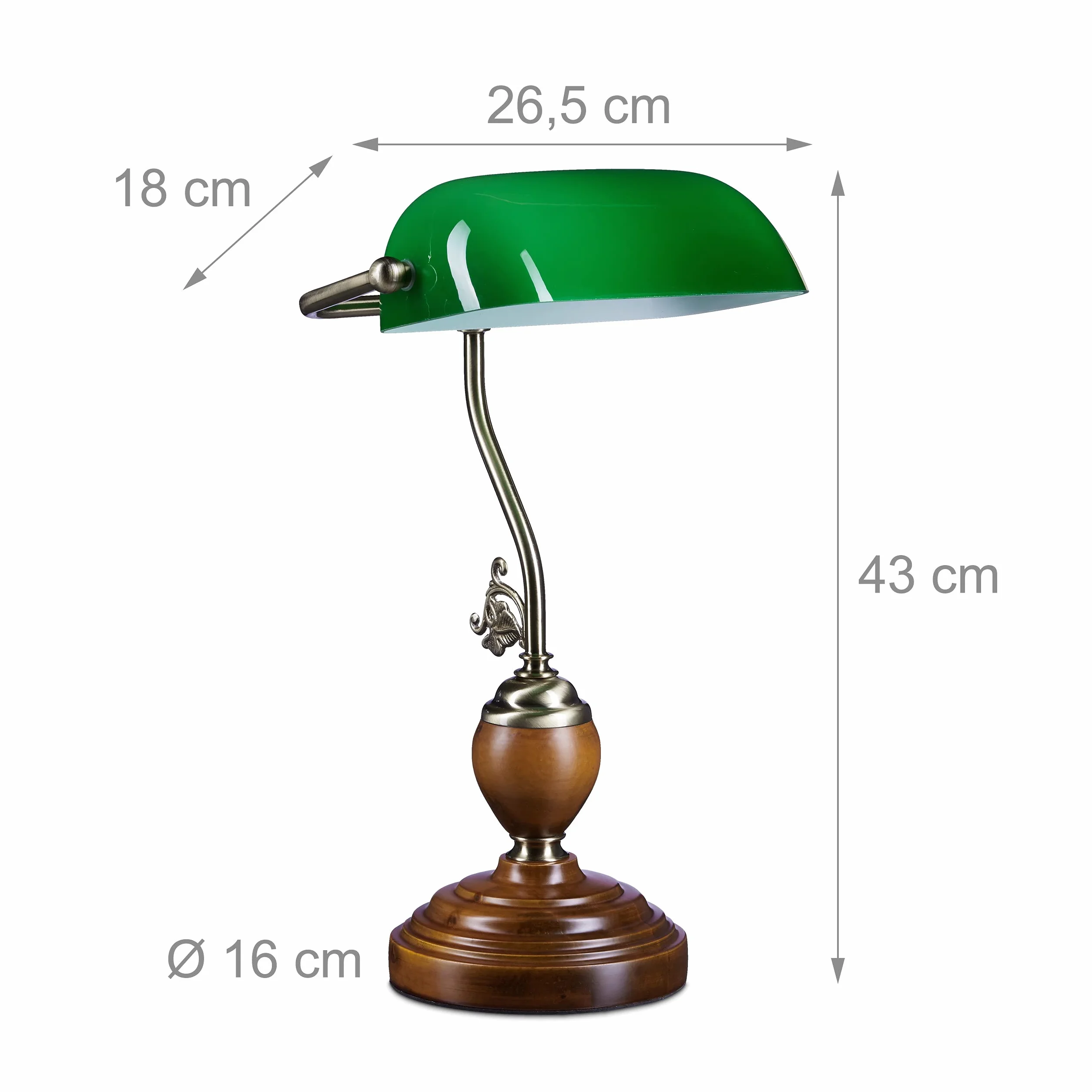 Relaxdays Lampa bankierska drewniana nóżka zielona klasyczna lampa biurkowa – retro lampa stołowa o wyglądzie mosiądzu i łukowate zdobienia z lat 30. – drewno Gals Metal – 26,5 x 43 x 18 cm – E27