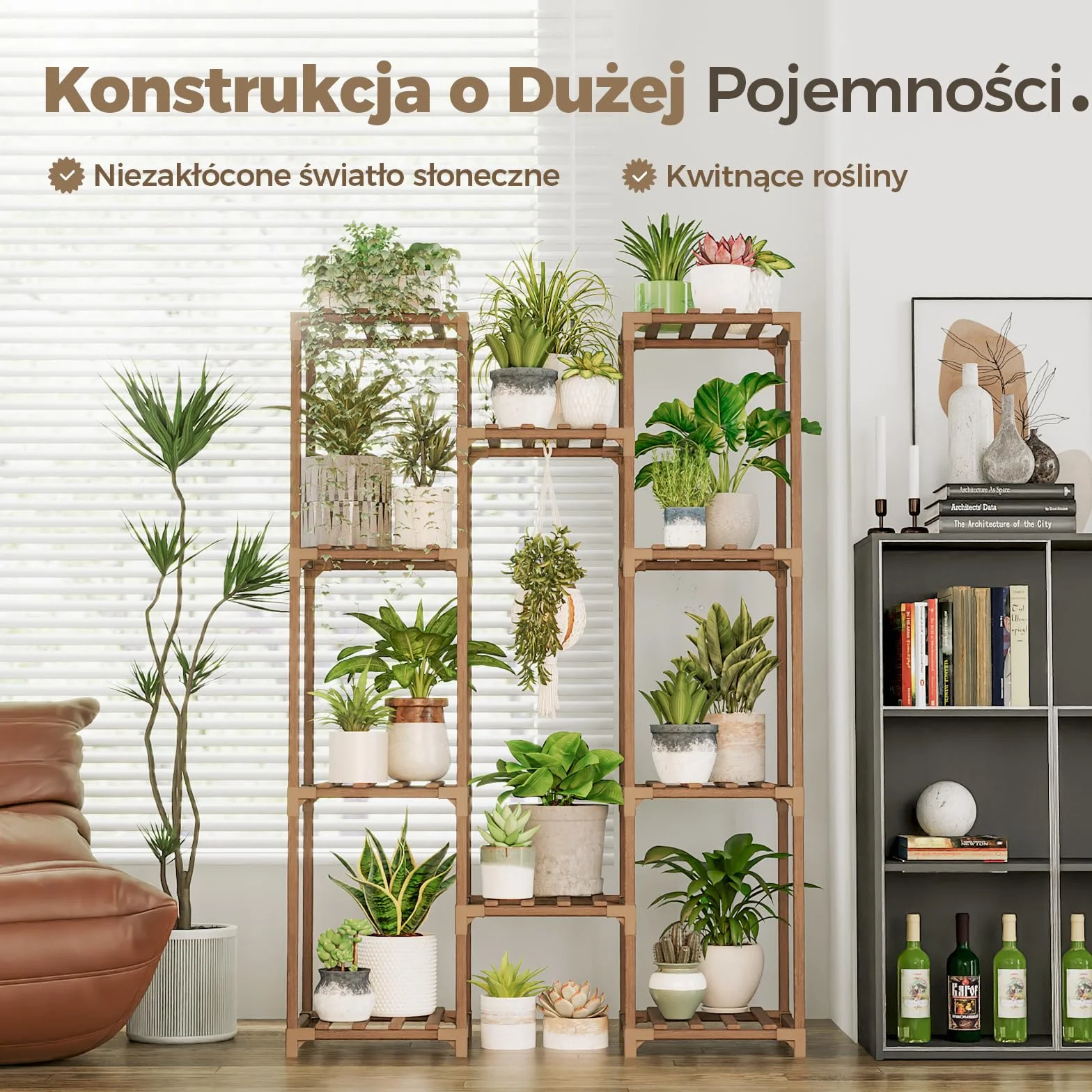 BAMWORLD Drewniana Wisząca Półka na Rośliny Duży Stojak na Doniczki Salon Taras Balkon