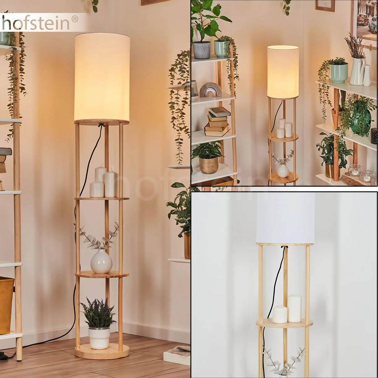 Lampa podłogowa Hamaa, lampa stojąca wykonana z drewna/tkaniny w kolorach naturalnych/białych, skandynawski design, klosz Ø 26 cm, półki i włącznik nożny, wysokość 150,5 cm, 1 x E27, bez żarówki