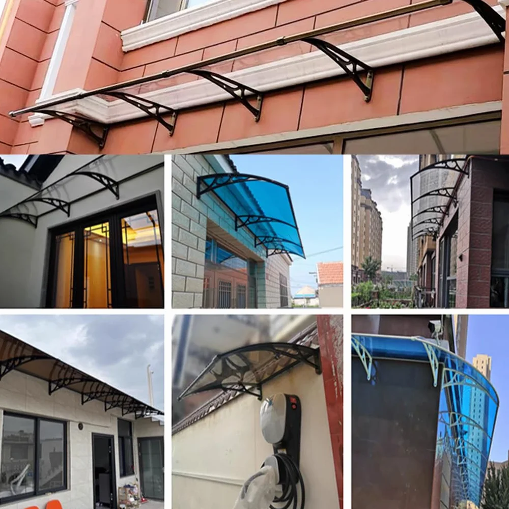 Pavillion daszek na drzwi, odporny na deszcz, zadaszenie jednospadowe z rynną deszczową, markiza okienna, aluminium, szampańsko-złoty pałąk i przezroczysta płyta poliwęglanowa (120 x 320 cm)