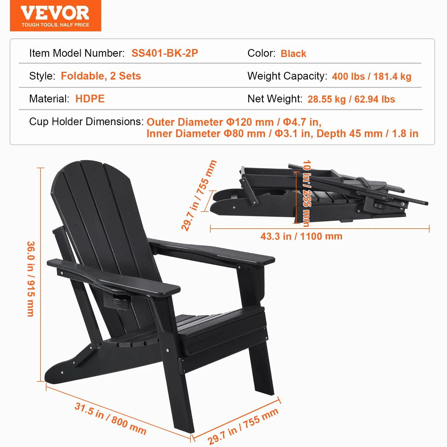 VEVOR Krzesła Adirondack z tworzywa sztucznego, zestaw 2 sztuk, odporne na warunki atmosferyczne, przenośne składane krzesła ogrodowe na patio z uchwytem na kubek, ergonomiczny relaksacyjny