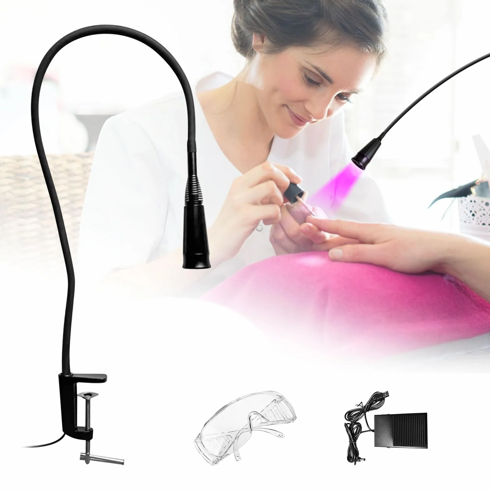 Lampa UV do rzęs 10W LED szybkie utwardzanie regulowany rozmiar punktu okulary ochronne przełącznik nożny czarna