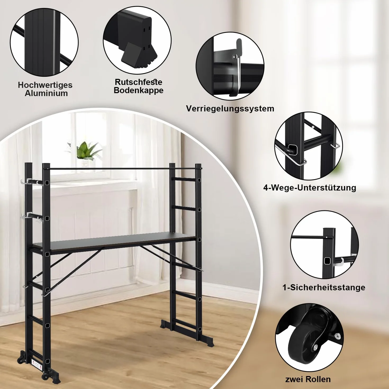 Gimisgu Rusztowanie, aluminiowa drabina wielofunkcyjna 4 w 1, 6 + 6 stopni, mobilna drabina wielofunkcyjna z platformą i 2 kółkami, rusztowanie robocze, platforma robocza, obciążenie do maks. 150 kg,