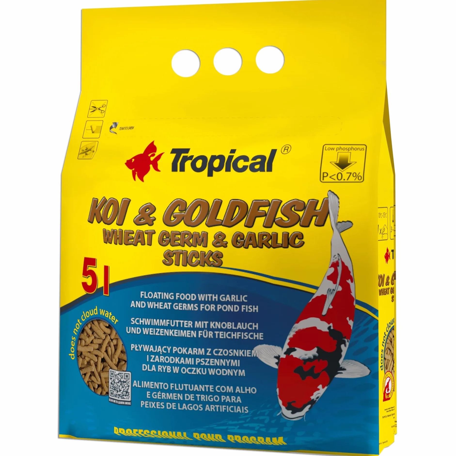 Tropical Pływający pokarm z czosnkiem dla ryb w oczku wodnym KOI&GOLDFISH WHEAT GERM&GARLIC STICKS 5L / 400g