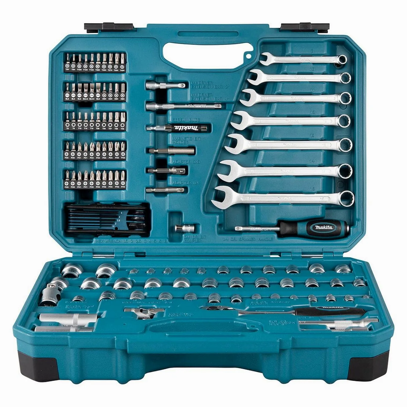 Makita E-06616 Zestaw Narzędzi, Niebieski/Czarny, 120 Elementów & Makita Grzechotka i zestaw Bitów 47-Częściowy, B-36170, Wielokolorowy