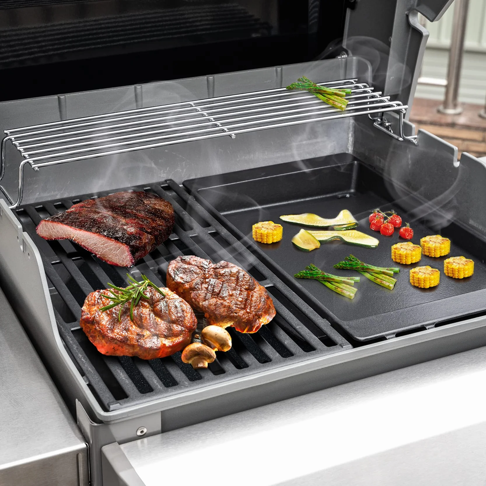 Onlyfire Żeliwny Ruszt do Grilla, Nieprzywierający, Płaski Ruszt do Grilli Gazowych Weber Spirit i Spirit II Serii 200/300, Patelnia Żeliwna, Patelnia Grillowa, 43 x 29 cm