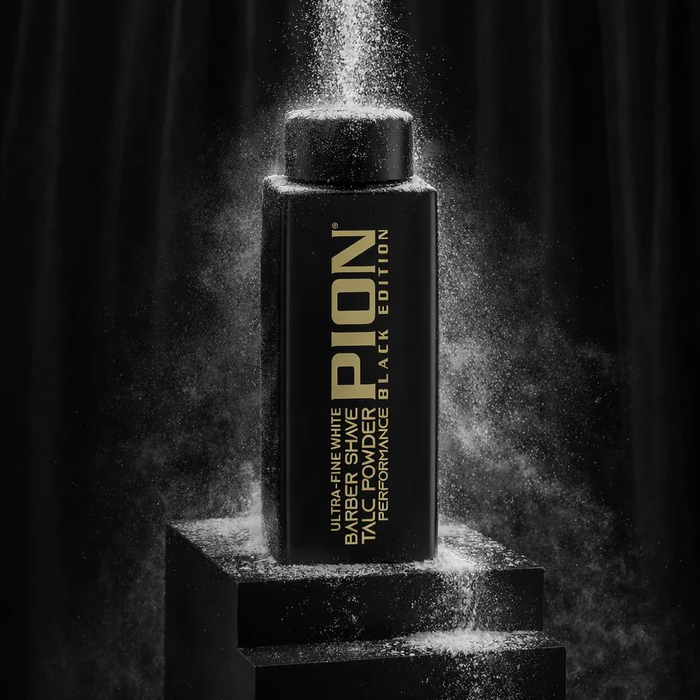Pion Barber Shave Talc Powder Black Edition – ultra delikatny biały proszek zapewniający delikatne golenie, 180 g