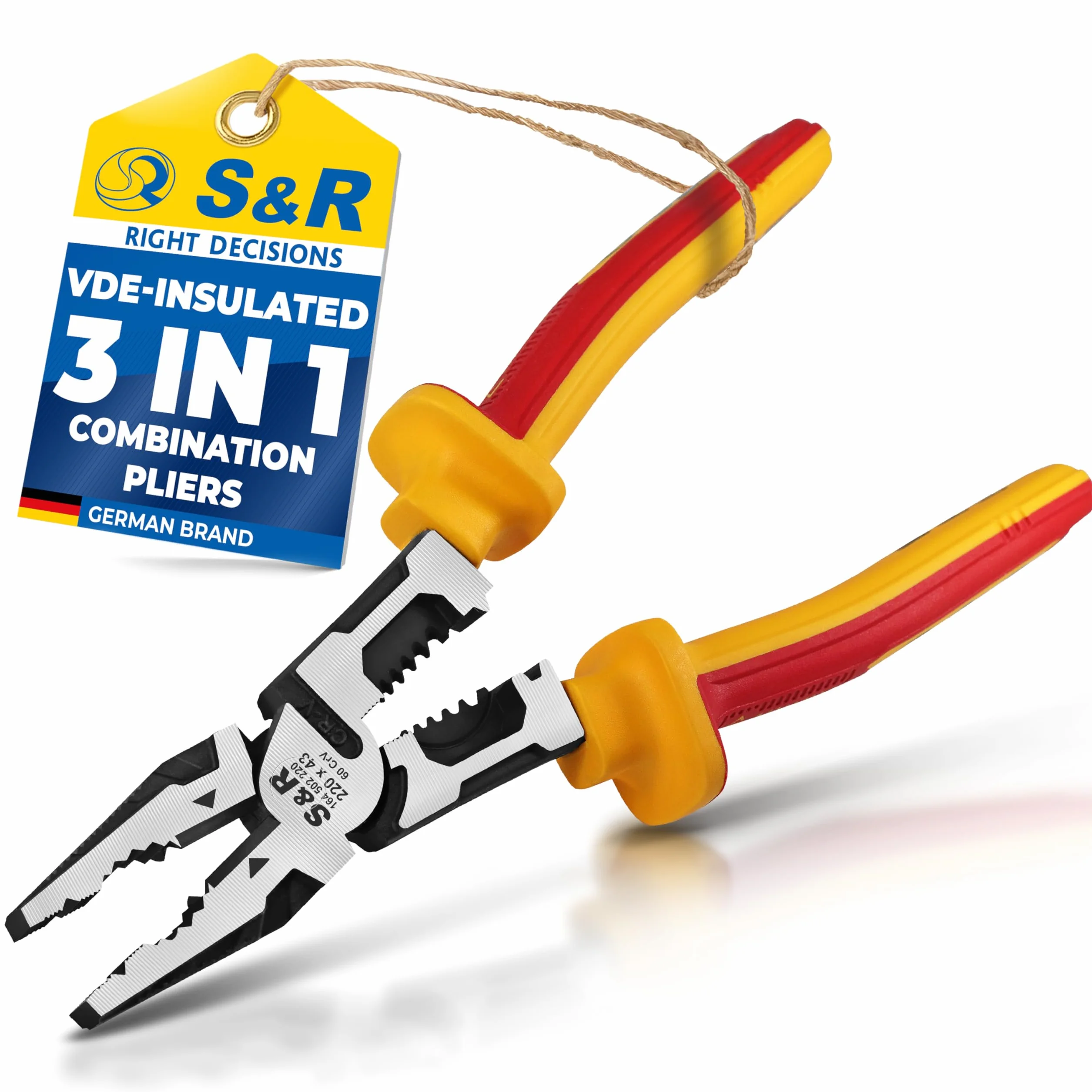 S&R Szczypce kombinowane 220mm izolowane VDE 1000V, szczypce elektryczne ze stali 60CrV kutej w matrycy, szczypce uniwersalne profesjonalne do drutu miedzianego i aluminiowego AWG10-18