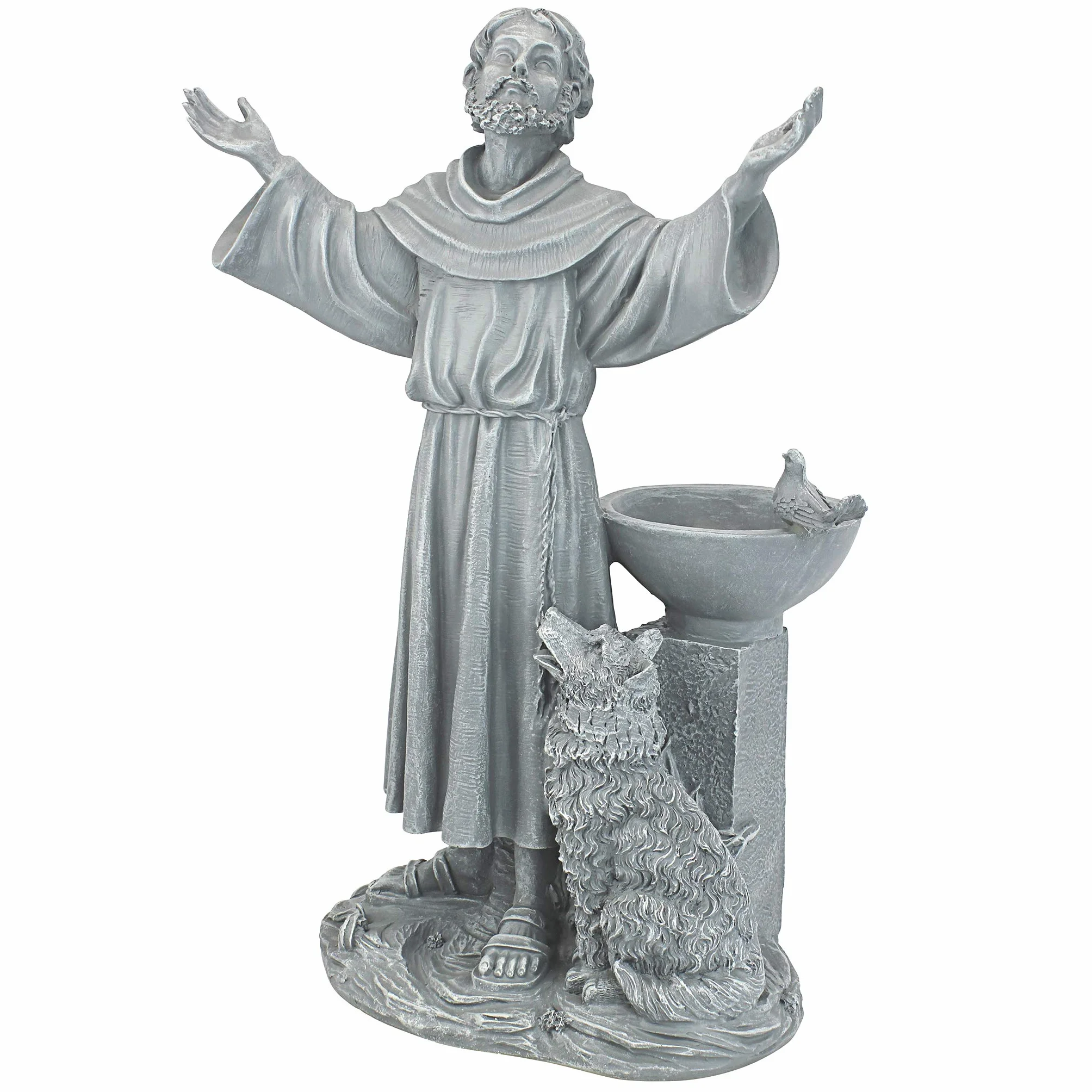 Design Toscano błogosławieństwo św. Franciszka religijna statuetka ogrodowa z karmnikiem dla ptaków 48 cm żywica poliestrowa szary kamień zielony