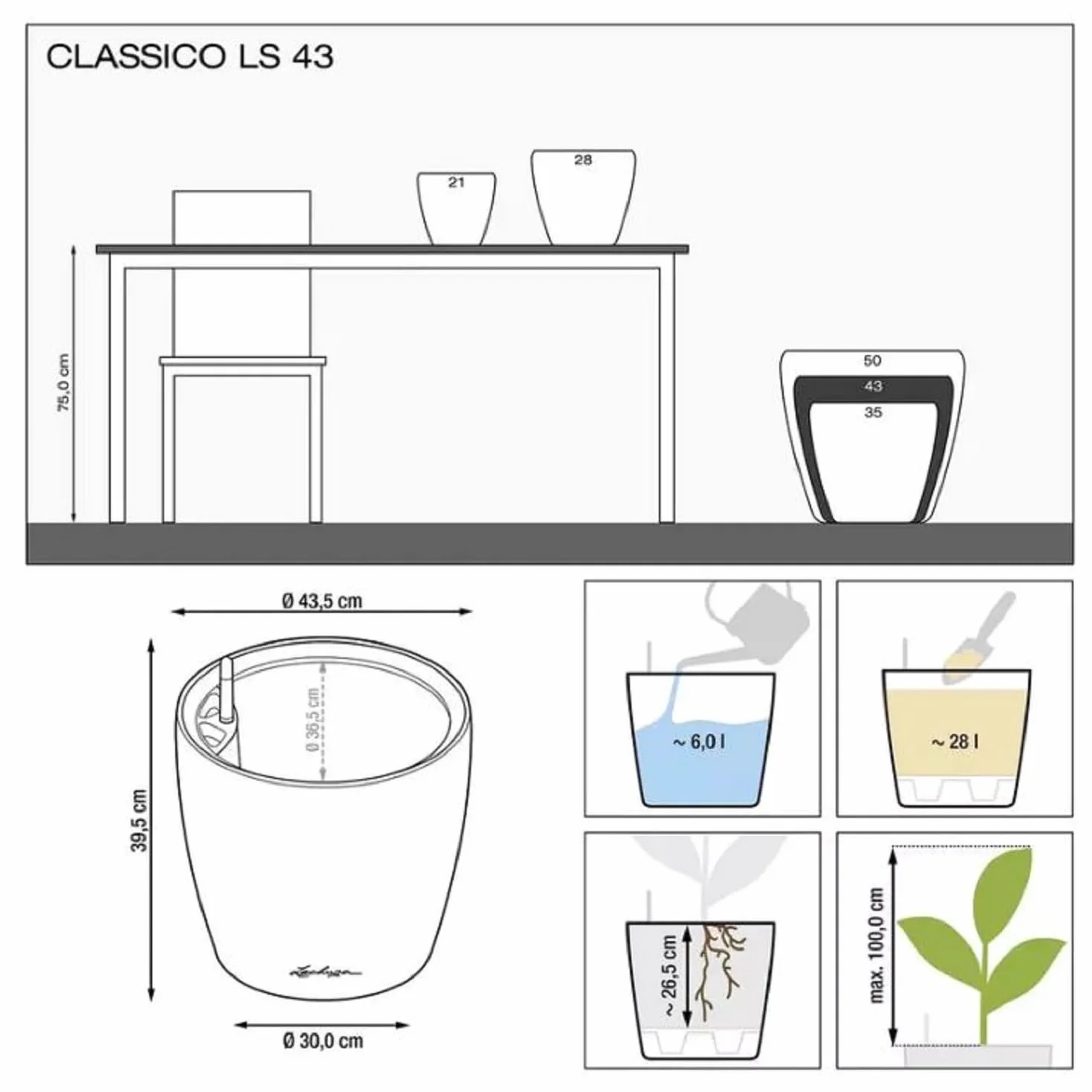 LECHUZA Doniczka Classico Color LS biała z systemem nawadniania Ø 43 × 39 cm