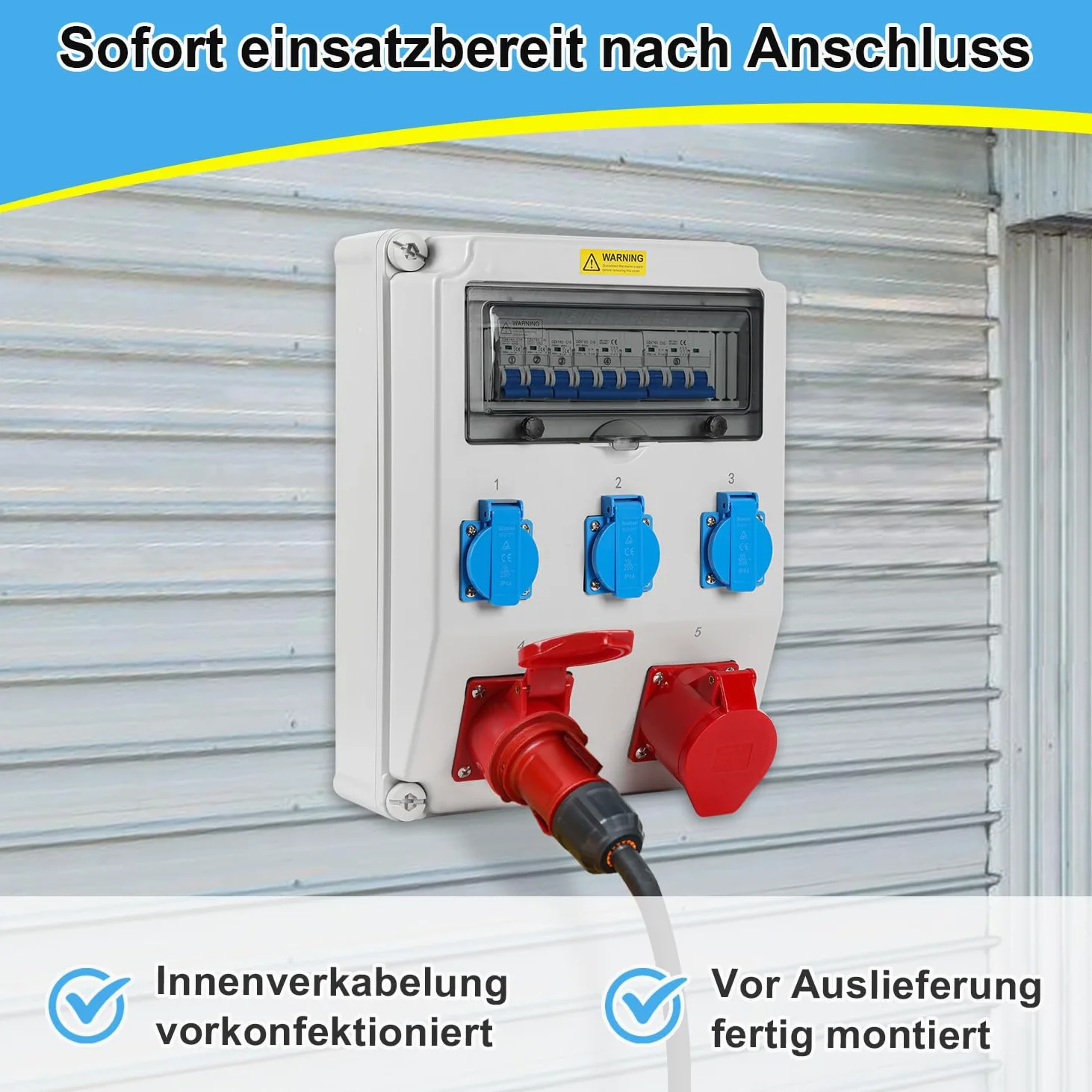 Rozdzielacz prądu budowlanego, 1 x CEE 32 A 400 V + 1 x CEE 16 A 400 V + 3 x 230 V Schuko, 5-biegunowy rozdzielacz ścienny z przełącznikami LS, rozdzielacz prądu IP44 z klapkami zabezpieczającymi