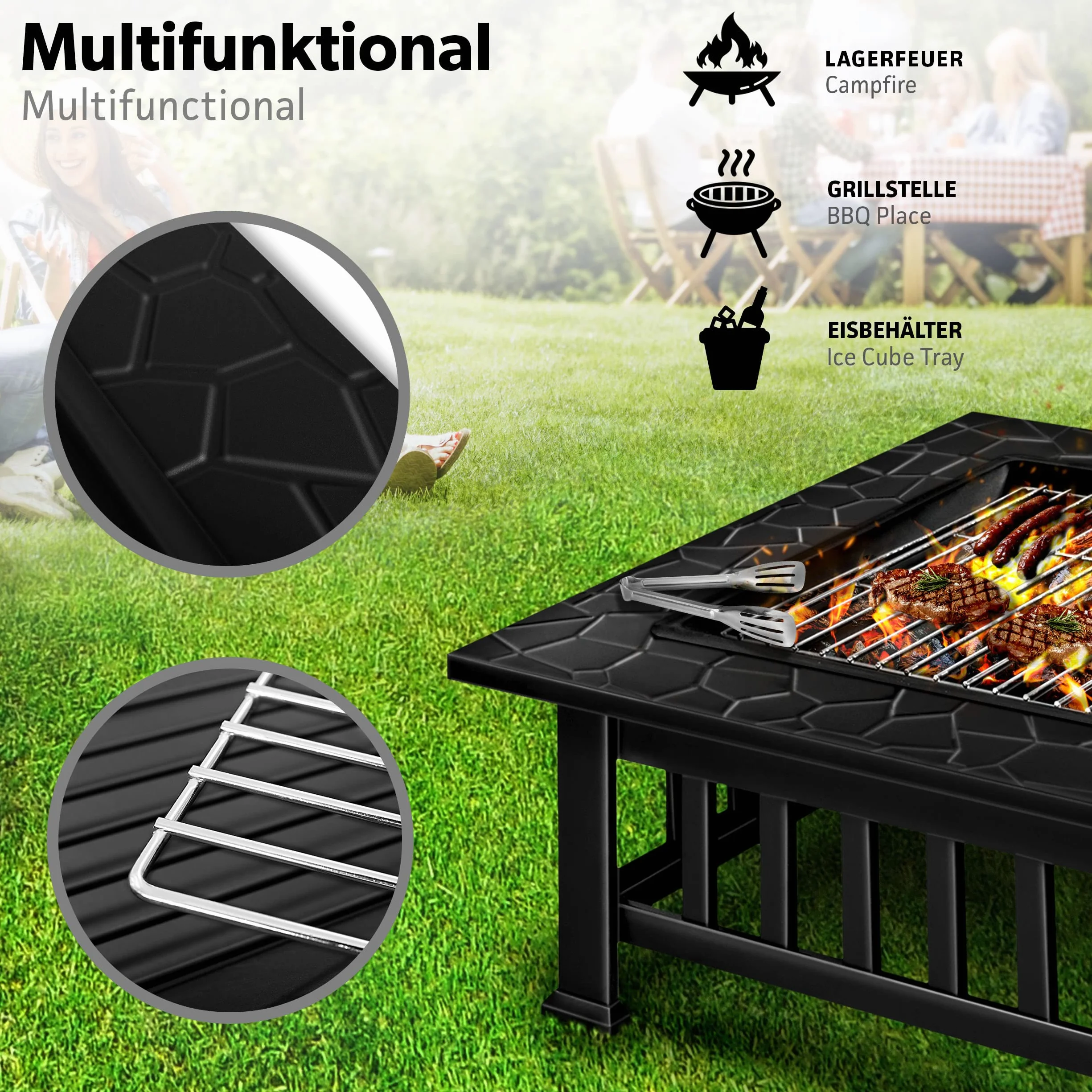 tillvex Palenisko z ochroną przed iskrami i rusztem do grillowania, palenisko do użytku na zewnątrz do ogrodu, grill 3 w 1, z pokrywą, pogrzebaczem, szczypcami i rusztem węglowym (kolor czarny