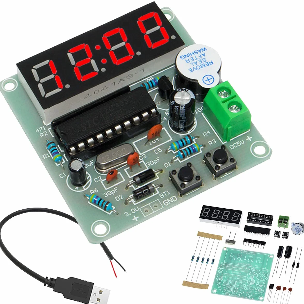 4 bity zegar cyfrowy DIY zestaw LED zegar elektroniczny produkcja PCB lutowanie płytka ćwiczeniowa do ćwiczeń programowych ćwiczeń spawalniczych, z kablem USB 2.0