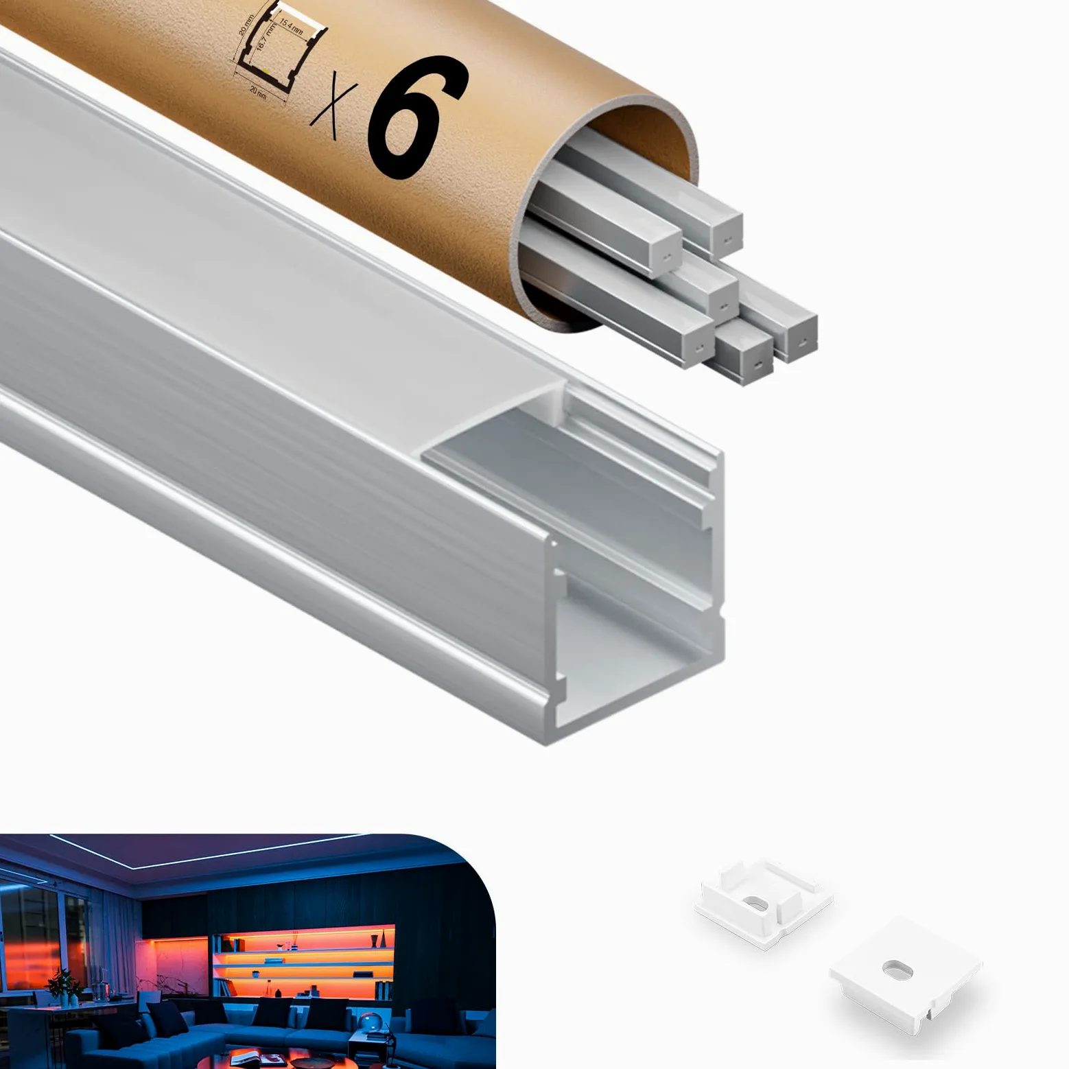 Profil aluminiowy LED do taśm LED 6 x 2 m, profil aluminiowy LED w kształcie litery U, 12 m, listwa LED, rozmiar 20 x 20 mm, do taśm LED o szerokości mniejszej niż 15 mm, z osłoną PC
