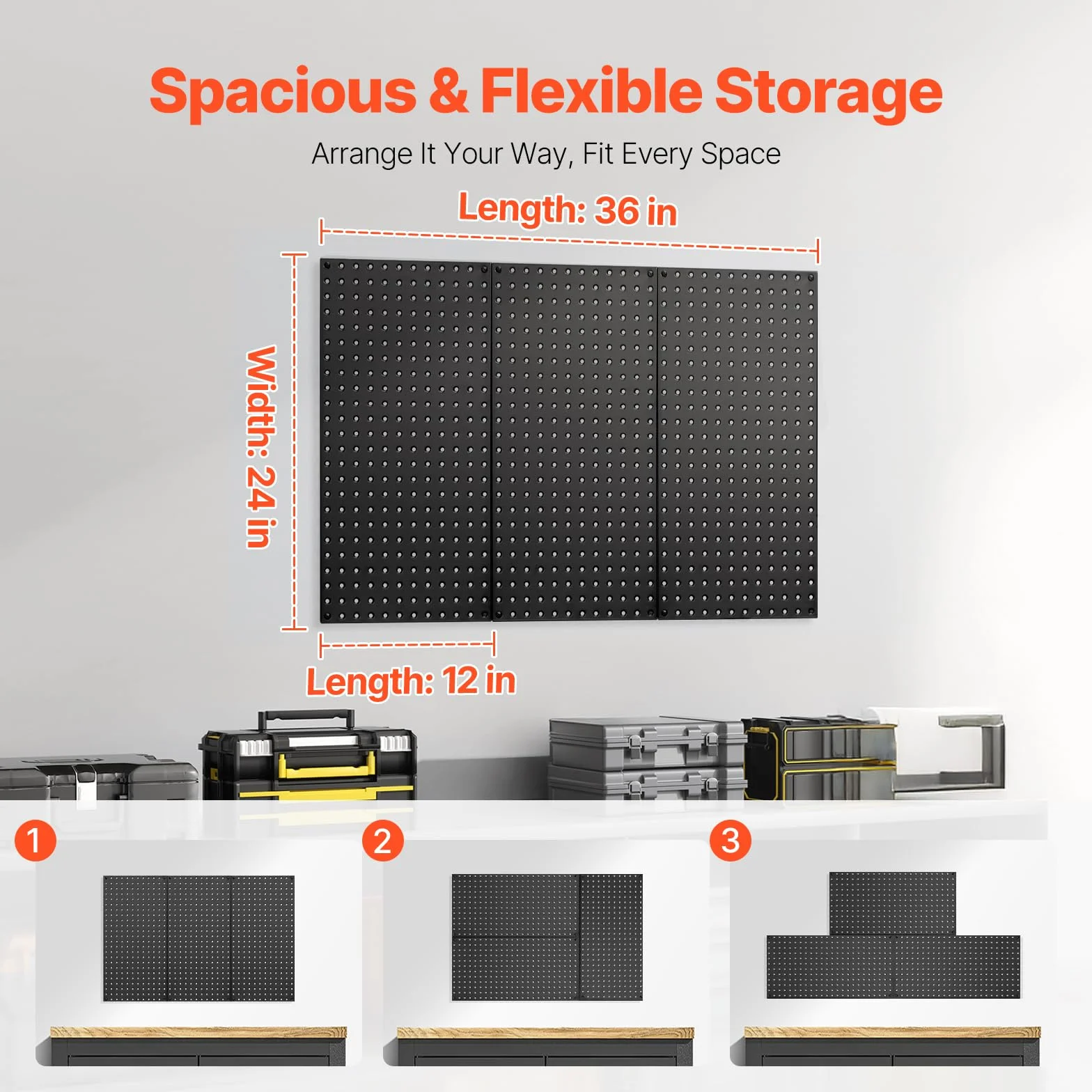 VEVOR Metalowe panele pegboardowe, 61 x 30 cm, 3 panele, wytrzymała stalowa tablica na śledzie, organizer ścienny, do salonu, garażu, przechowywania narzędzi, stołu warsztatowego, organizacji biura,