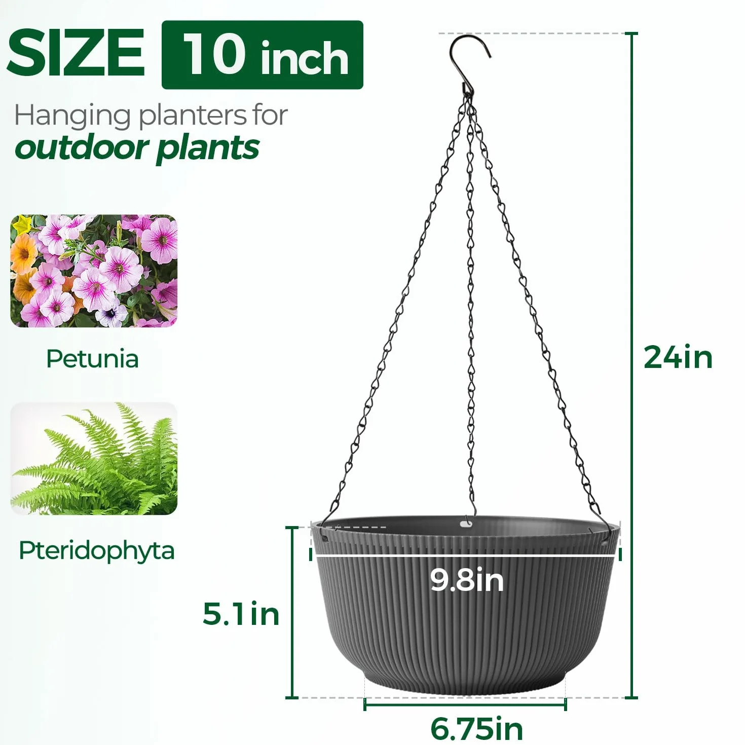 T4U Wiszące Doniczki 25 cm (10 Cal), Doniczki Wiszące do Roślin Wewnętrznych, Szara Doniczka Wisząca z Odpływem, Żłobkowany Design, dla Miłośników Roślin, Balkon i Dom, Zestaw 2