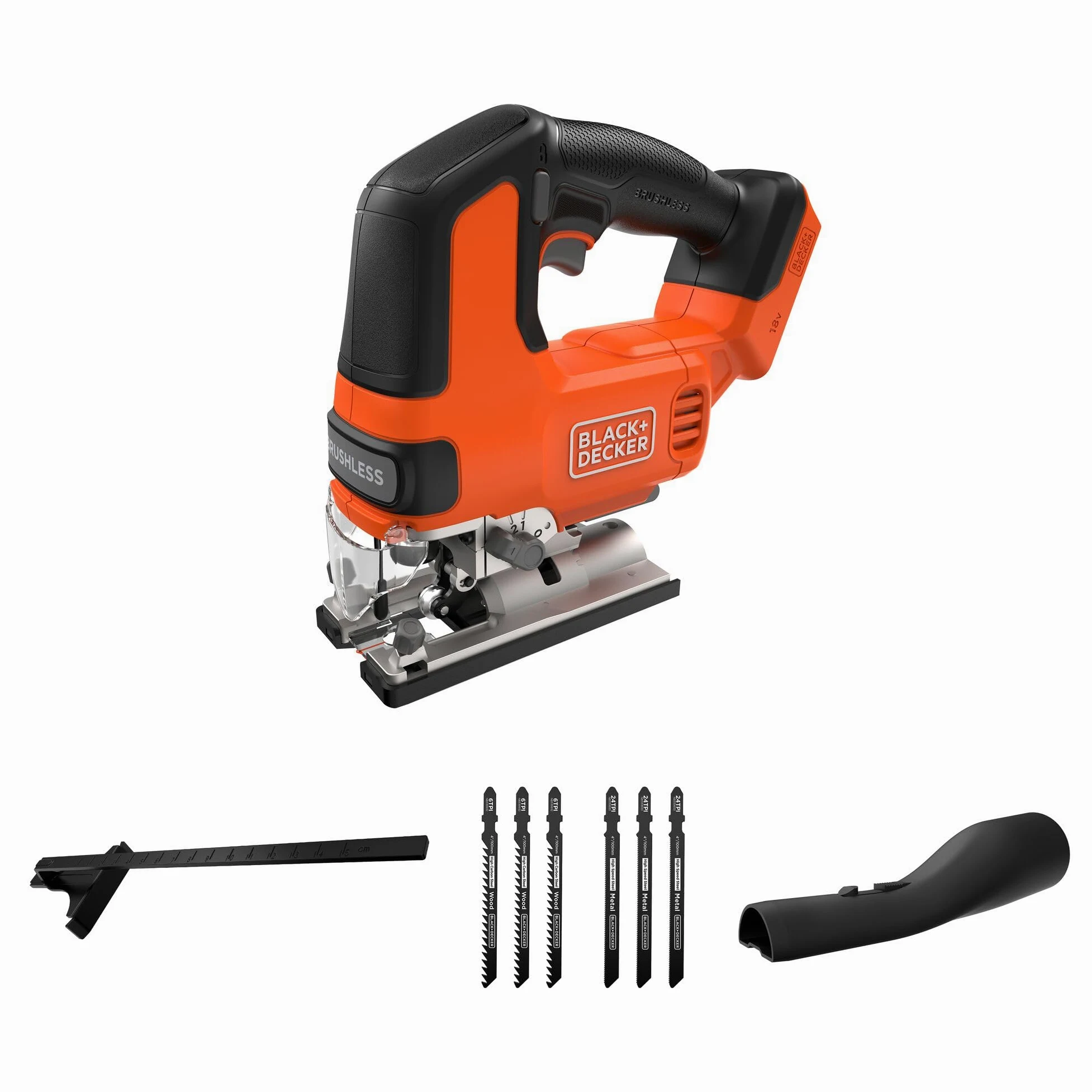 BLACK+DECKER Bezszczotkowa wyrzynarka akumulatorowa, 18 V, tylko narzędzie, z 6 brzeszczotami, akumulator w zestawie, BLCJS78NZ-XJ