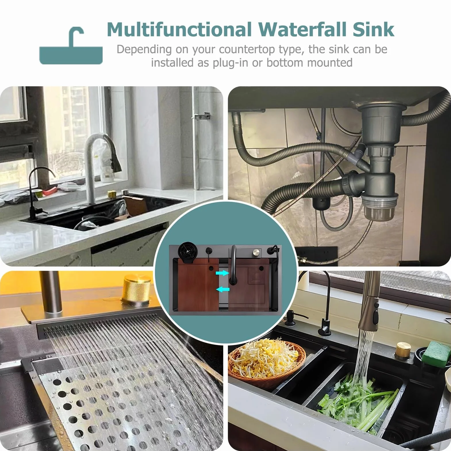 Workstation Kitchen Sink With Waterfall Dual Bowl Pull-Out 3 In 1 Faucet, Stainless Steel Basin Set, Pressure Pot Washer, Cutting Board, Draining Basket More Accessories(Black-Gray A,80x46cm)