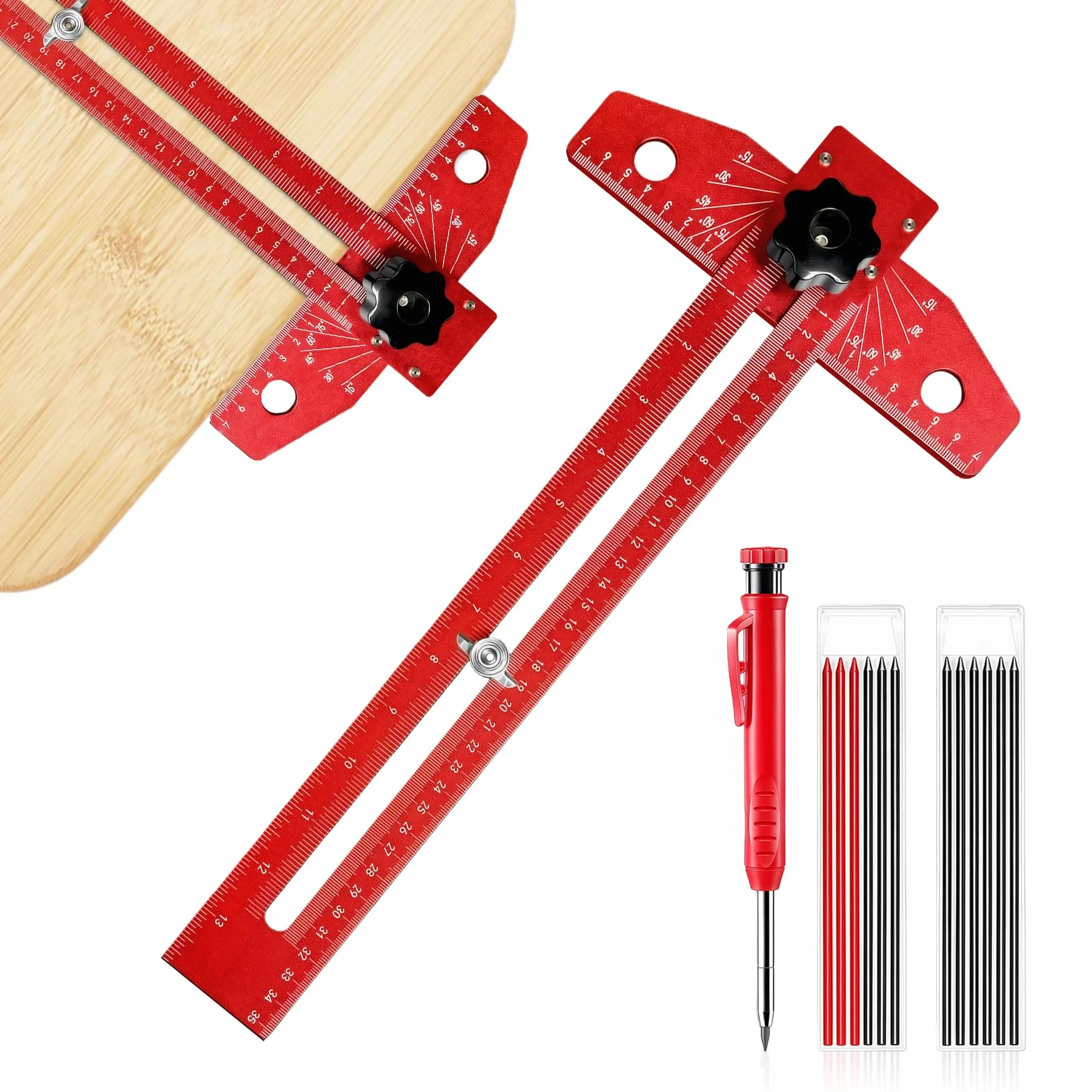 Flintronic Linijka T-Square, 350 mm, wielofunkcyjne narzędzie pomiarowe do obróbki drewna, regulowany kąt 0-180°, linijka do obróbki drewna z markerem głębokich otworów, ołówkiem i 12 wkładami