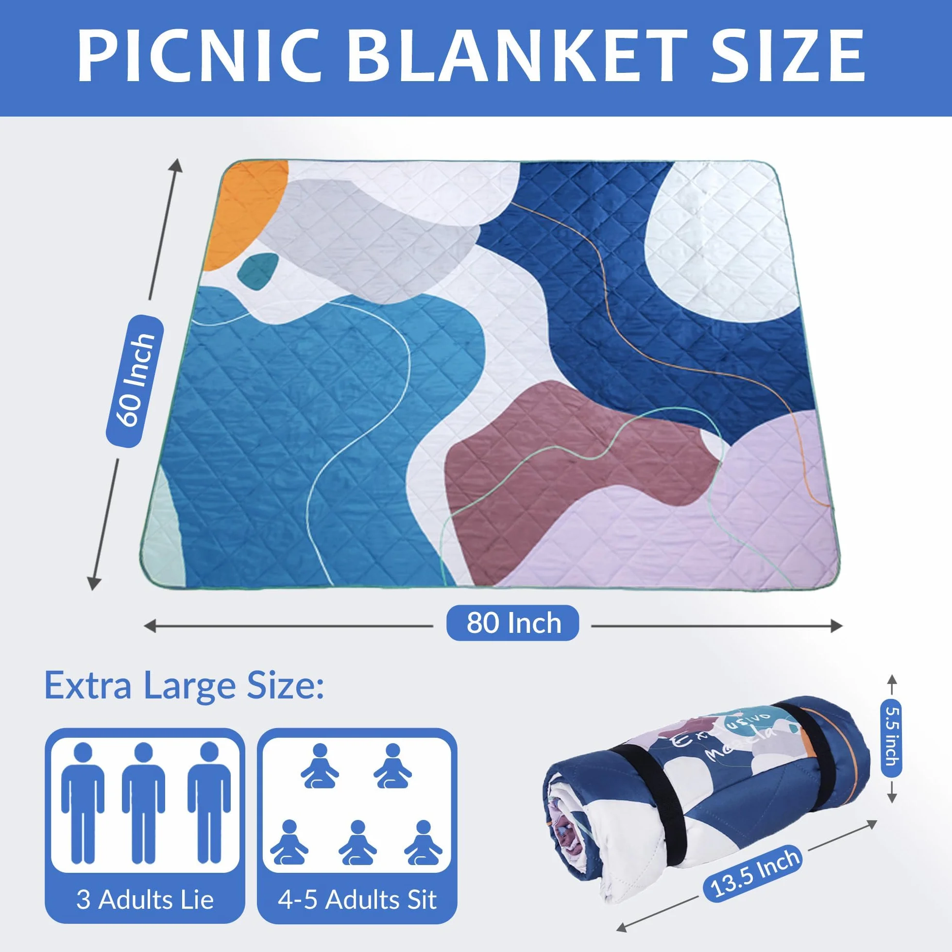 Exclusivo Mezcla koc piknikowy wodoodporny, duża składana mata piknikowa do wędrówek, na plażę, na kemping, ściereczka do prania w pralce z paskiem do noszenia, 150 x 200 cm, abstrakcyjny niebieski