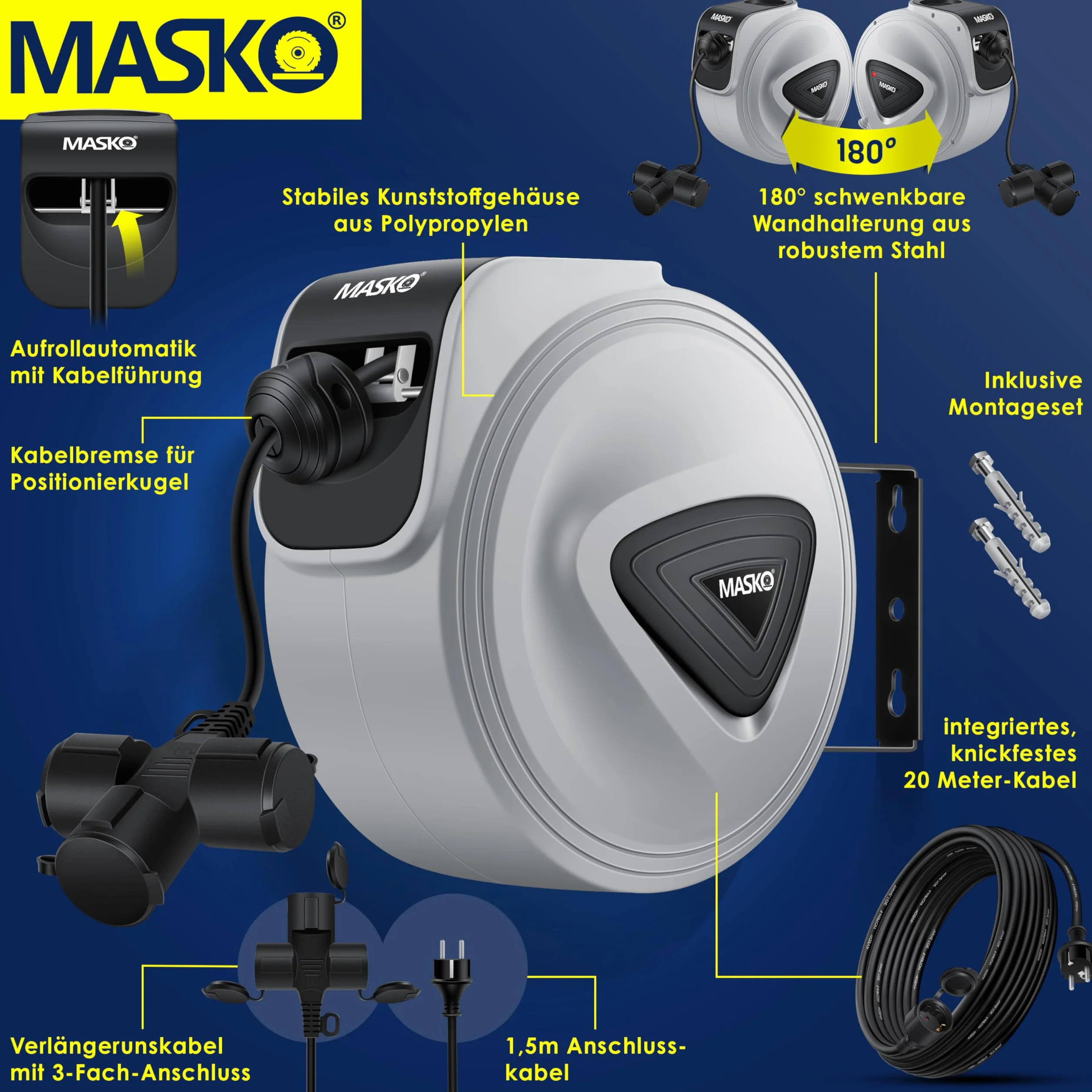 MASKO® Automatyczny bęben kablowy, przedłużacz 20 m, 3-krotne podłączenie, obracany o 180°, przewód doprowadzający, uchwyt ścienny, warsztat, zwijacz kabli, automatyczny bęben prądowy, szary / czarny