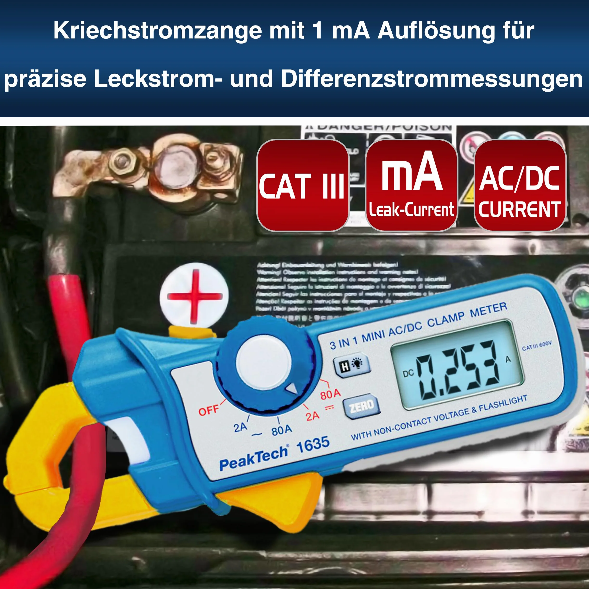 PeakTech P 1635 - Miernik cęgowy prądu/cęgowy prądu upływu ~ 2400 zliczeń ~ 2/80 A AC/DC