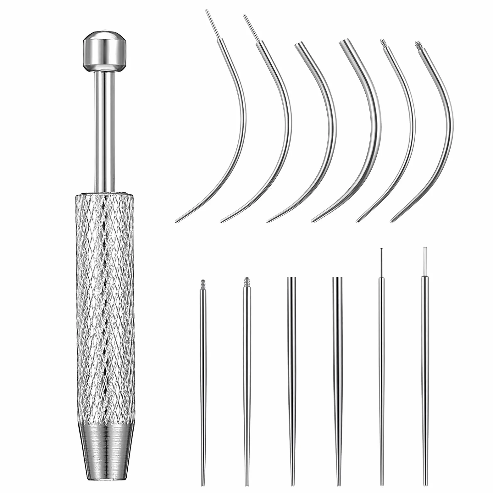 13-częściowy zestaw narzędzi do piercingu, uchwyt do kulek do piercingu 16G 18G 20G, proste i zakrzywione igły do wkładania, zestaw narzędzi do zmiany kolczyków z gwintowanymi i