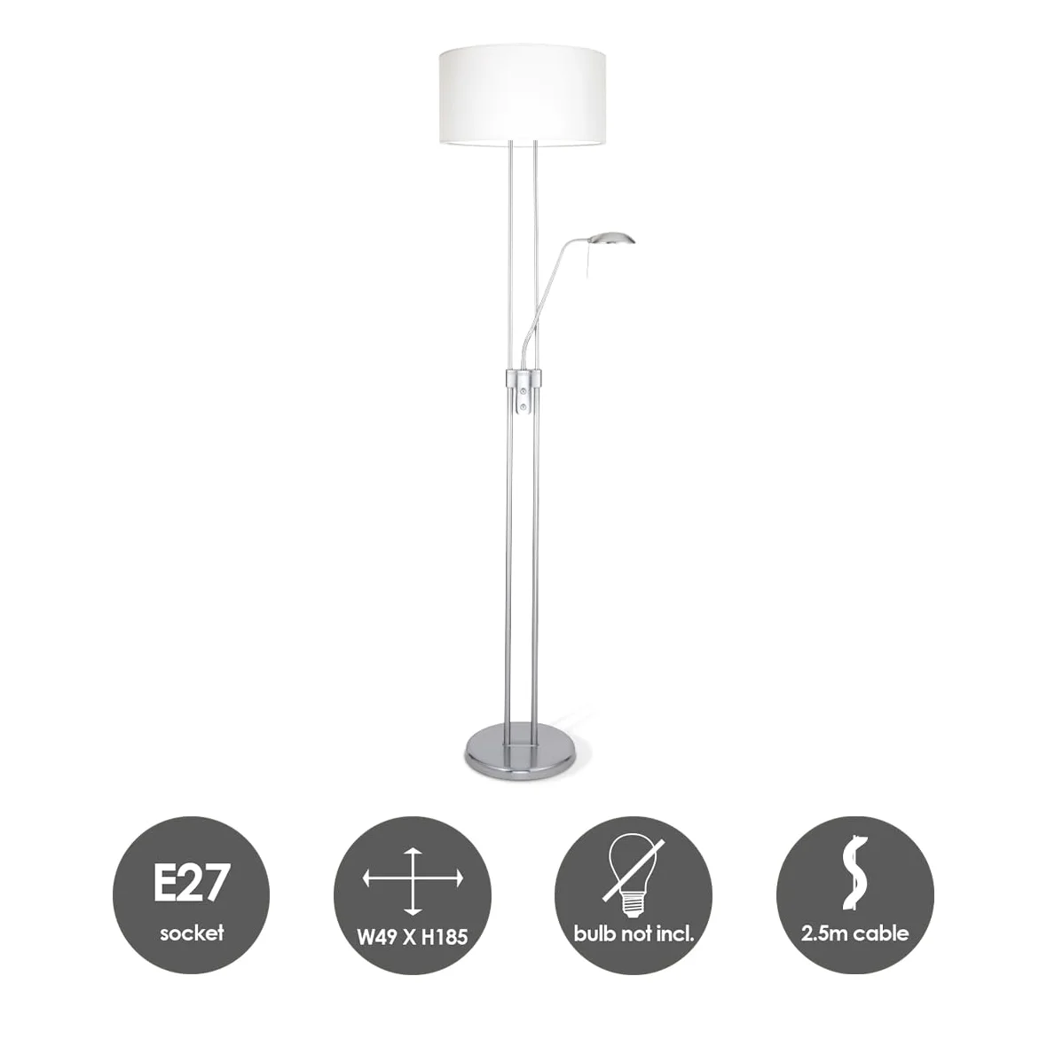 Home Sweet Home Klasyczna Lampa Podłogowa Up | 50/50/185cm | Stal Szczotkowana | Lampa Stojąca z 2 Kloszami | Odpowiednia dla Źródła Światła LED E27 | z Włącznikiem Nożnym | Dla Salonu.