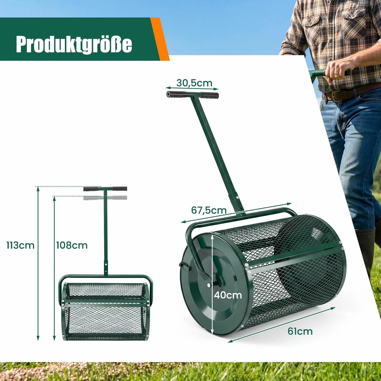 COSTWAY Rozsiewacz kompostowy 77 l, rozsiewacz mchu torfowego z uchwytem T o regulowanej wysokości i koszem z siatki, Ø 40 x 61 cm, rozsiewacz nawozu do ogrodu, trawnika, rozsiewacz ogrodowy do nawozu