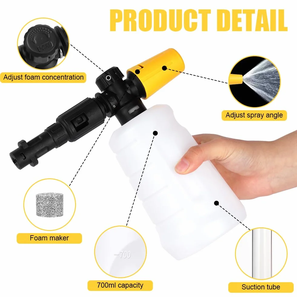 HOTUT Śnieżna lanca do myjki wysokociśnieniowej, 700 ml, lufa piankowa, gruby dozownik mydła, z regulowaną dyszą natryskową, do Karcher serii K2, K3, K4, K5, K6, K7