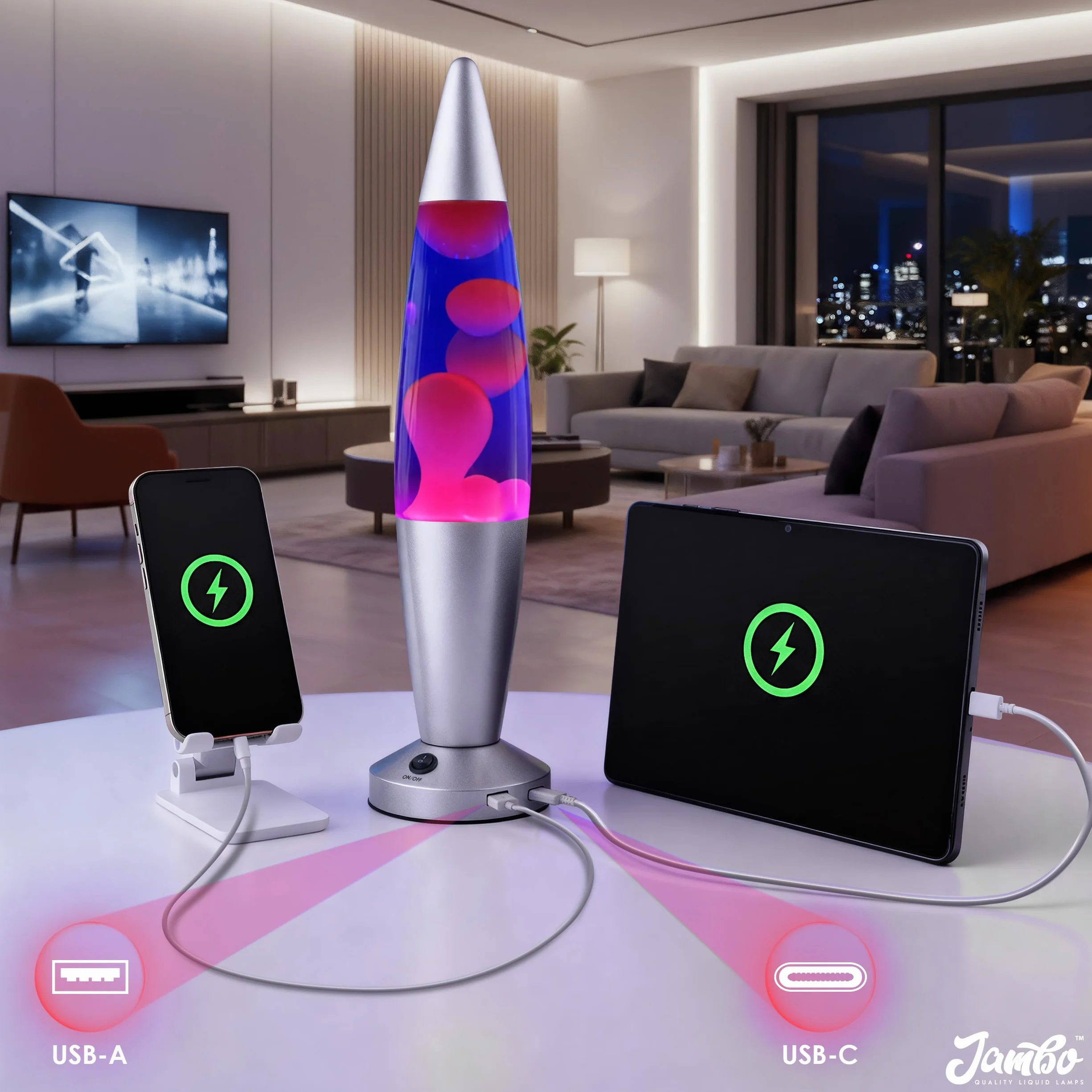 JAMBO Lampa z płynnym ruchem USB, nastrojowa lampa, wystrój domu, lampa do salonu, uspokajające światło ruchu, relaksująca lampka nocna, lampka nocna, 40 cm z portami USB (srebrna podstawa, niebieski
