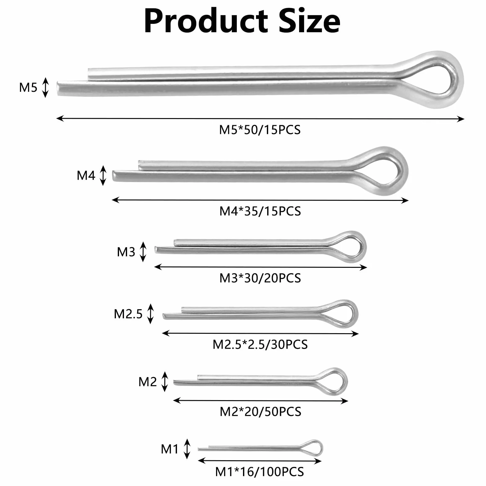 Zestaw 230 sztuk zawleczek ze stali nierdzewnej, zestaw zawleczek zabezpieczających w 6 różnych rozmiarach M1, M2, M2, M2,5, M3, M4, M5, zestaw do zawleczek do samochodów, kamperów, urządzeń