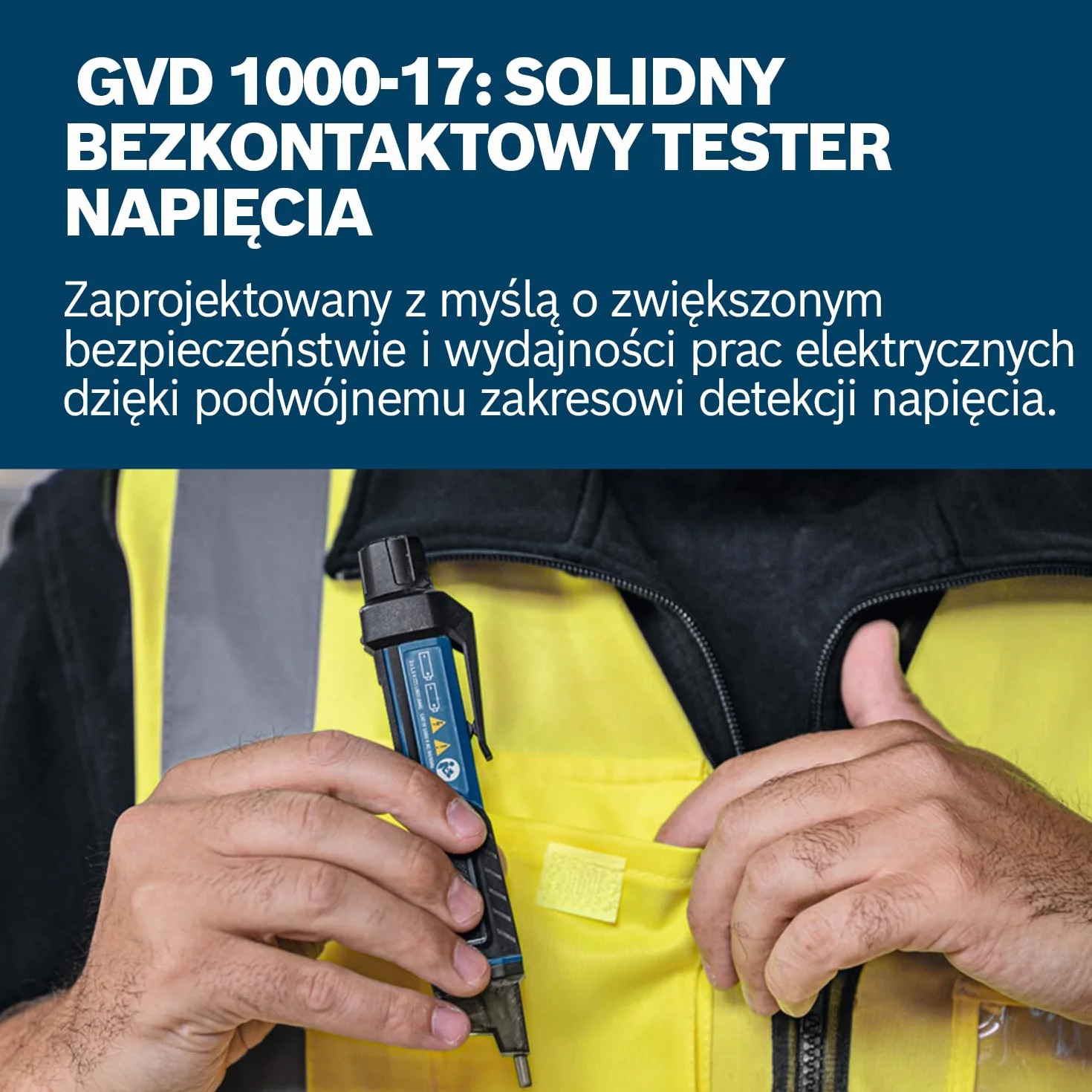 Bosch Professional Tester elektryczny GVD 1000-17 (bezdotykowe wykrywanie napięcia, IP67, podwójny zakres 24-1000V AC, zintegrowana latarka, zaczep do paska, CAT IV 1000V)