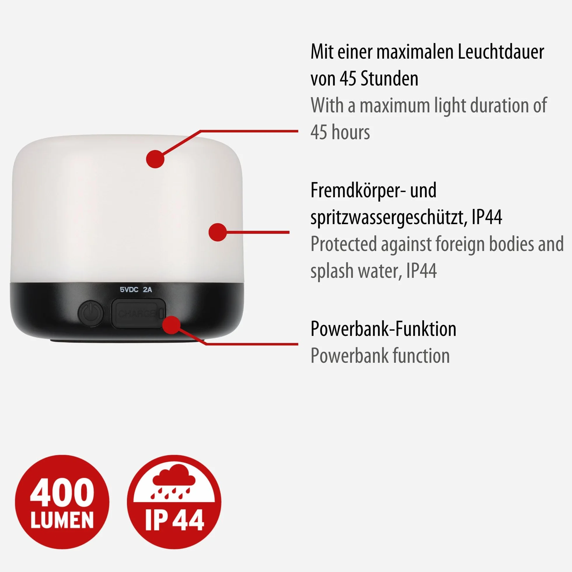 Brennenstuhl ładowalna solarna lampa zewnętrzna LED GL 400 AS (lampa kempingowa IP44 o mocy 400 lm, czas świecenia do 45h, 3 poziomy przełączania, wymienny akumulator 18650, powerbank, kabel USB C)