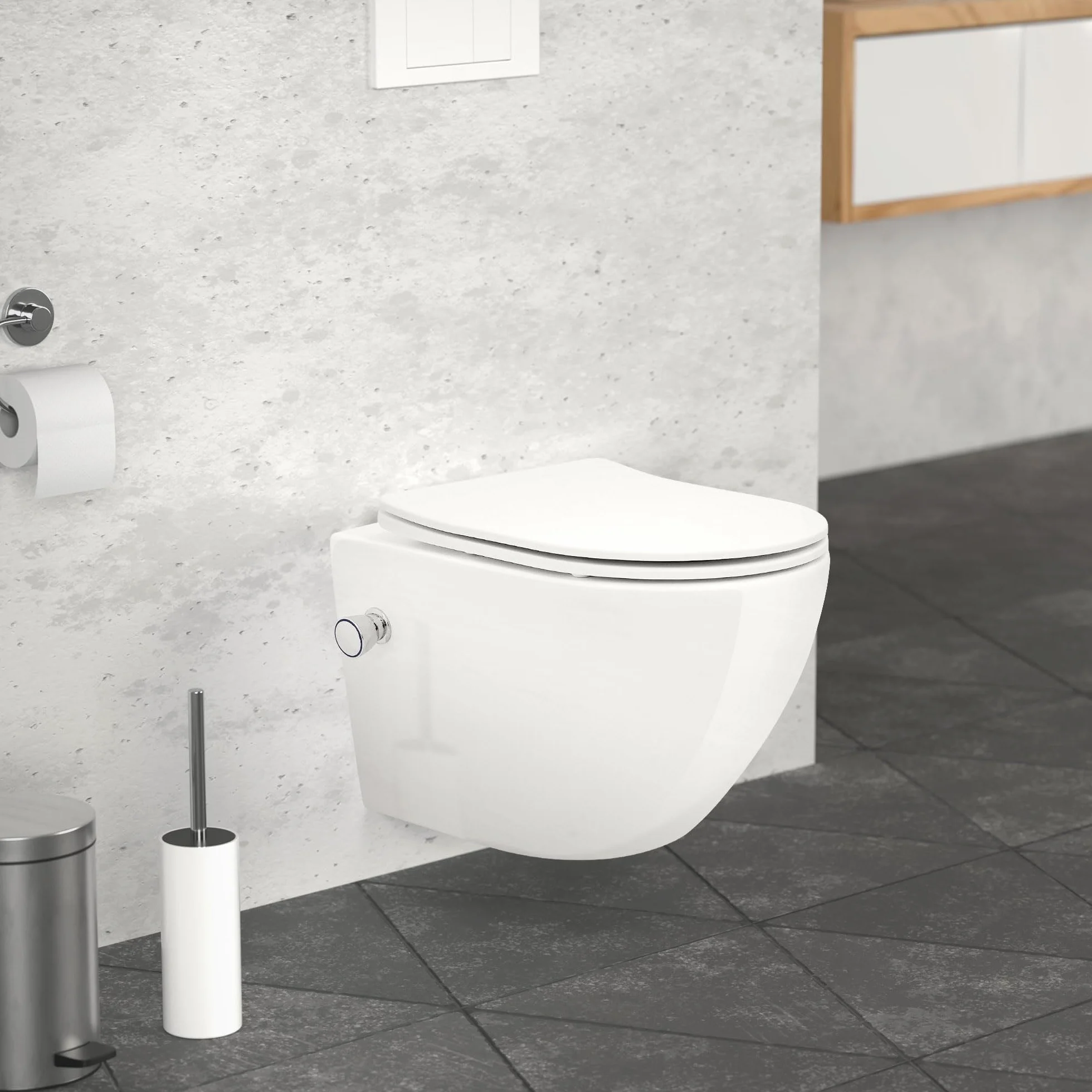 LuxeBath Miska WC Wiszaca Bezrantowa z Funkcja Bidetu, Biala, Nanopowloka, Spluczka Tornado, Ceramiczna, Krótka 49 cm, Blyszczaca z Deska Sedesowa z Cichego Domykania