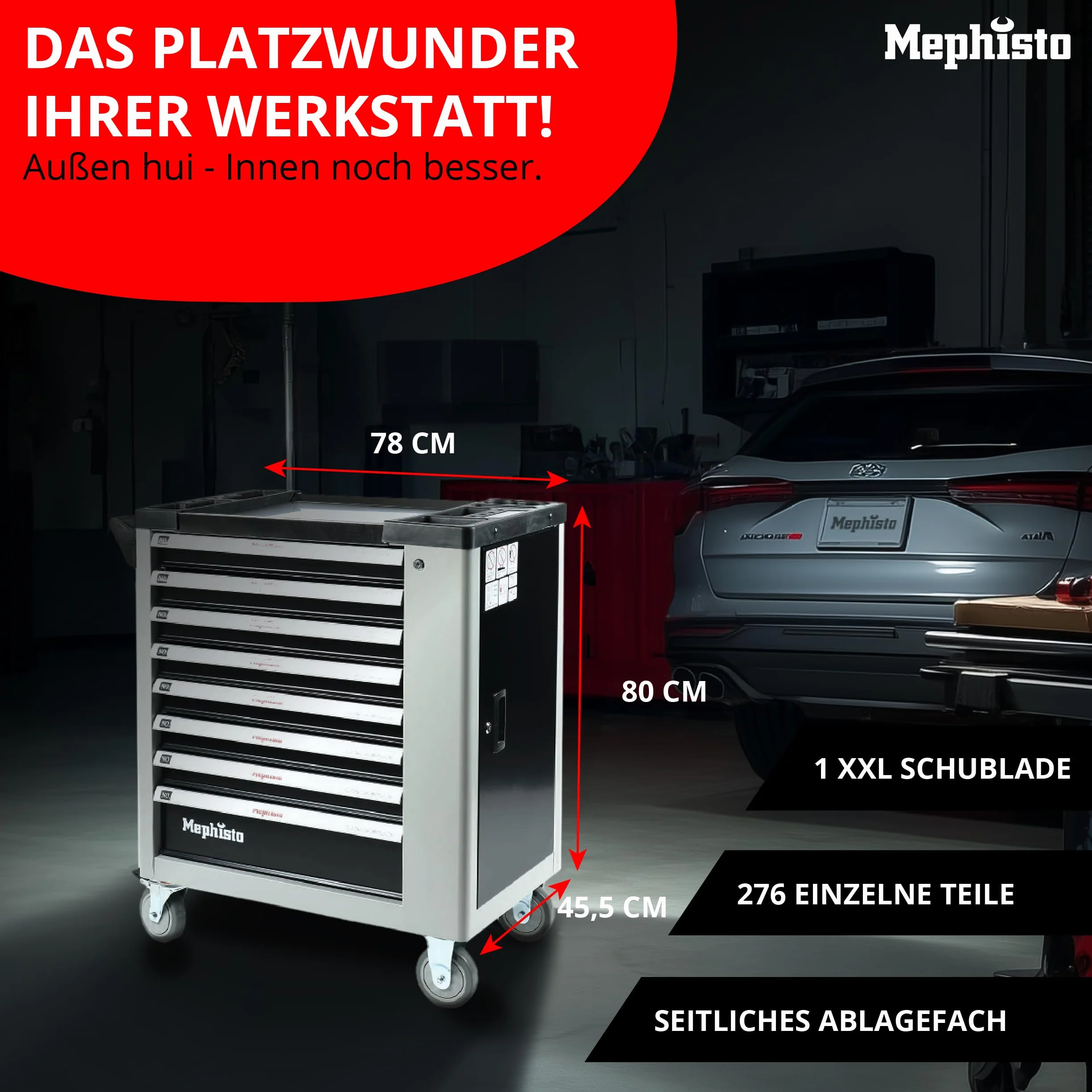 Mephisto Wózek warsztatowy XXL, wózek warsztatowy z 8 szufladami, z czego 7 pełnych narzędzi, takich jak klucze, grzechotka ze skrzynką na nakrętki, śrubokręty itp. z miękkimi wkładkami o wyglądzie
