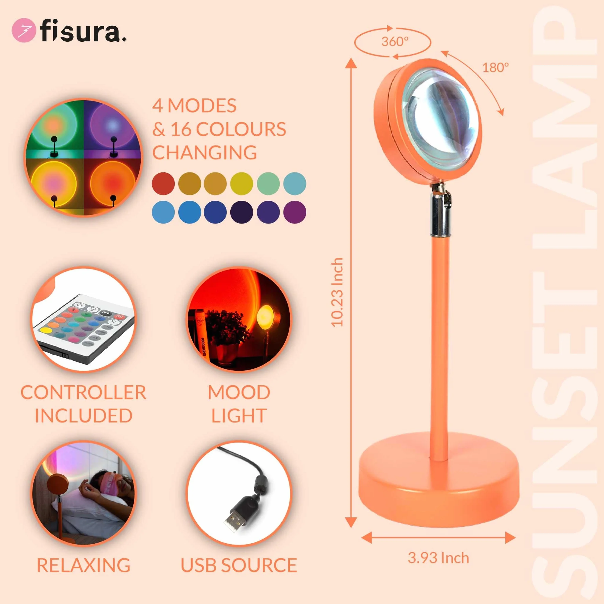 Fisura – Lampa Zachodzącego Słońca 16 Kolorów. Pomarańczowa, Relaksująca LED. Romantyczna Z Kablem USB. Oryginalna Na Prezent. 26,5 cm x 10 cm.