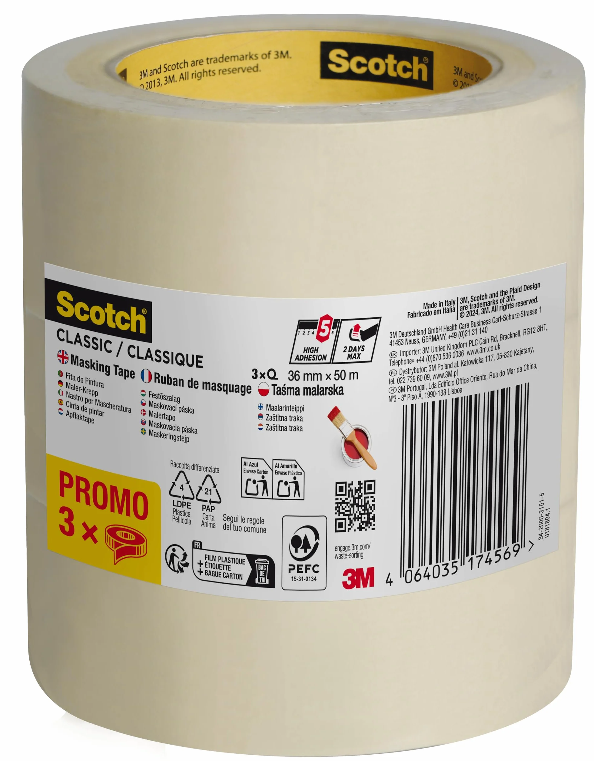 Scotch taśma krepowa Classic, opakowanie promocyjne, 3 rolki, 36 mm x 50 m – wysokiej jakości taśma klejąca do wszechstronnego zastosowania, taśma malarska premium do prac malarskich i dekoracji, 70%