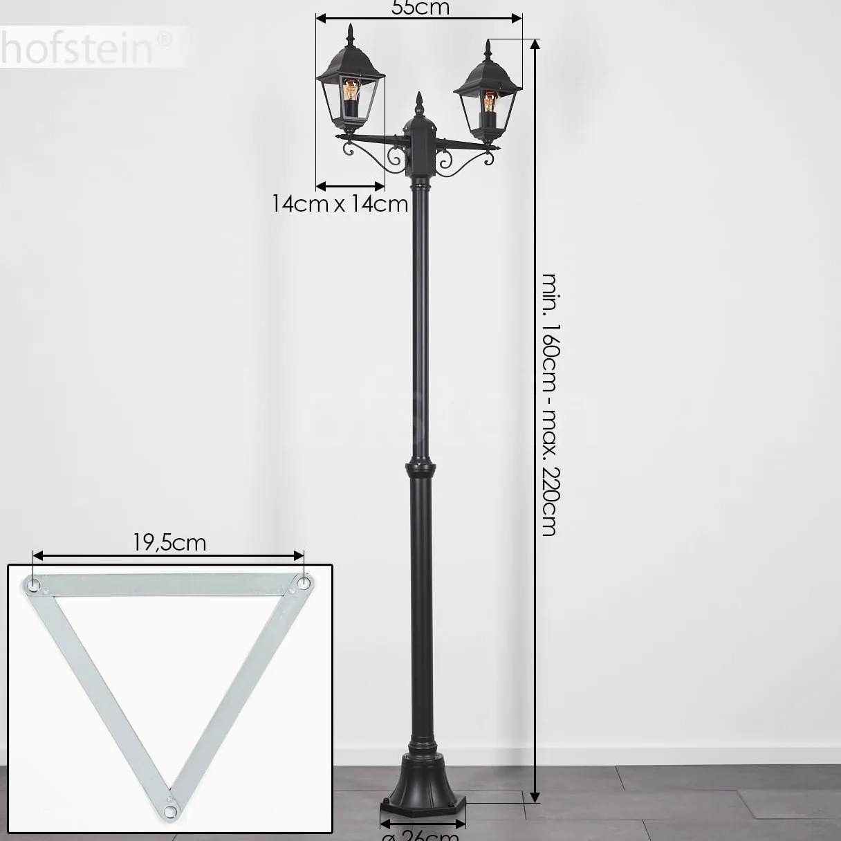 Lampa zewnętrzna drogi Hong Kong, lampa ścieżki z metalu/szkła w kolorze czarnym/przezroczystym, kandelabr o antycznym wyglądzie, wysokość maks. 220 cm, oświetlenie ogrodowe IP44, 2 x E27, bez żarówki
