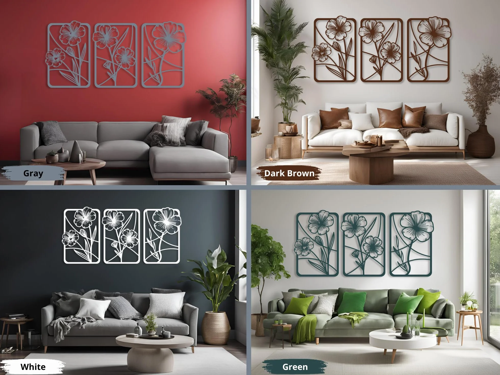 VAILLA ® Zestaw 4 dekoracji ściennych z kwiatami, dekoracja ścienna z drewna, obrazy ścienne do domu, sztuka ścienna 3D, duża dekoracja ścienna, obrazy do sypialni, salonu i kuchni (kwiaty 18)