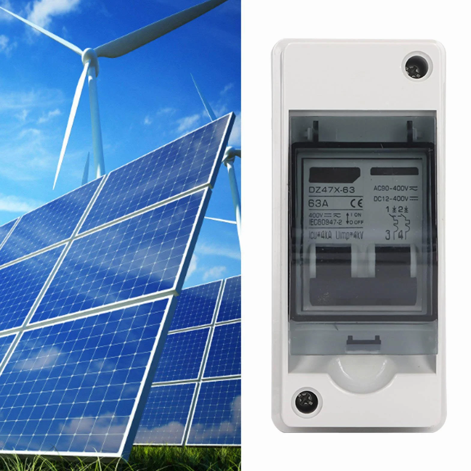 Rozłącznik Solarny 2P 63 Amp IP65 Wodoodporny DC Miniaturowy Przerywacz do Systemu Fotowoltaicznego DC 12V do 400V AC 90 do 400V